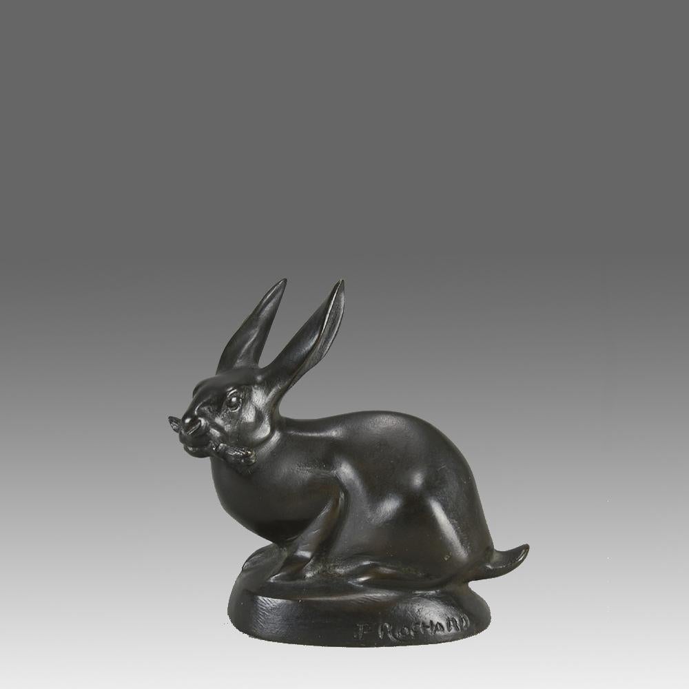 An endearing Art Deco bronze study of a seated rabbit with a carrot in its mouth with excellent deep black/brown patination and fine smooth tactile surface, signed I Rochard

ADDITIONAL INFORMATION                            
Height:                