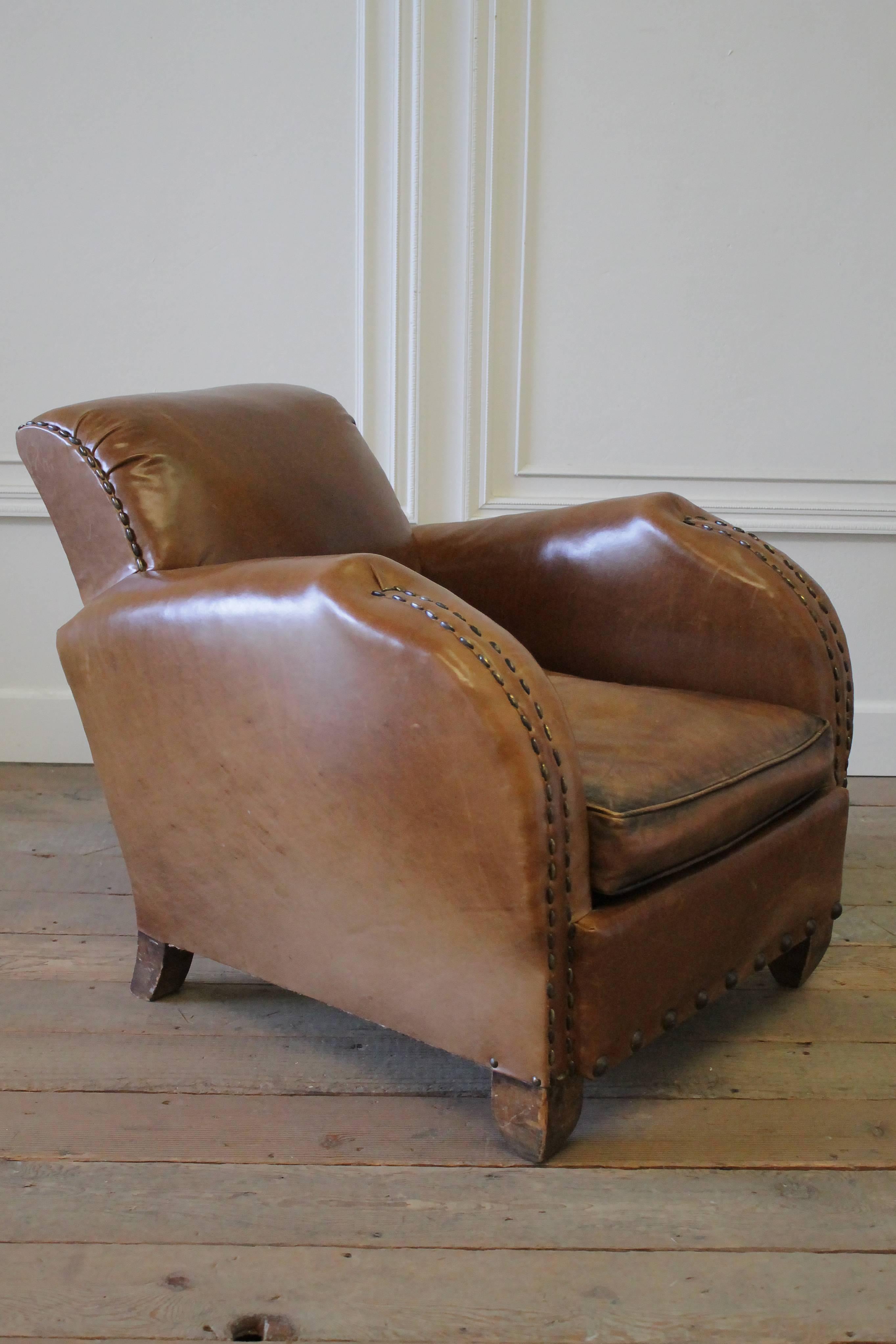 Early 20th Century Art Deco Style French Leather Club Chair In Good Condition In Brea, CA