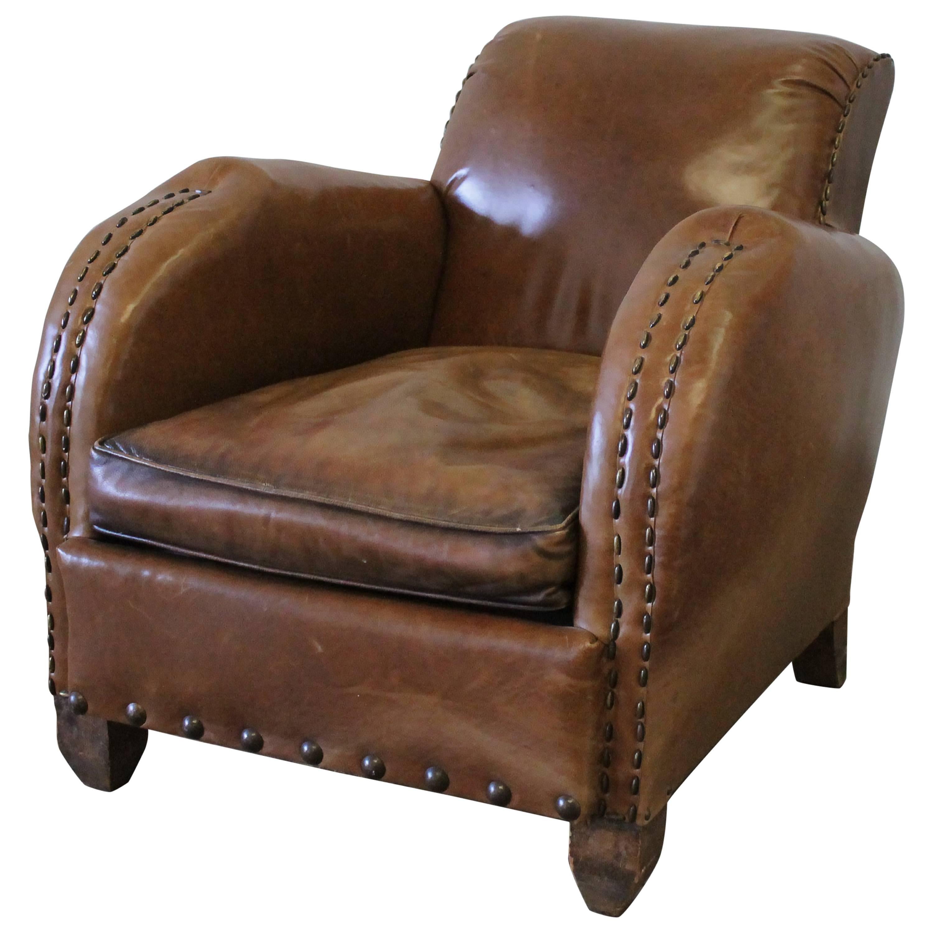 Early 20th Century Art Deco Style French Leather Club Chair