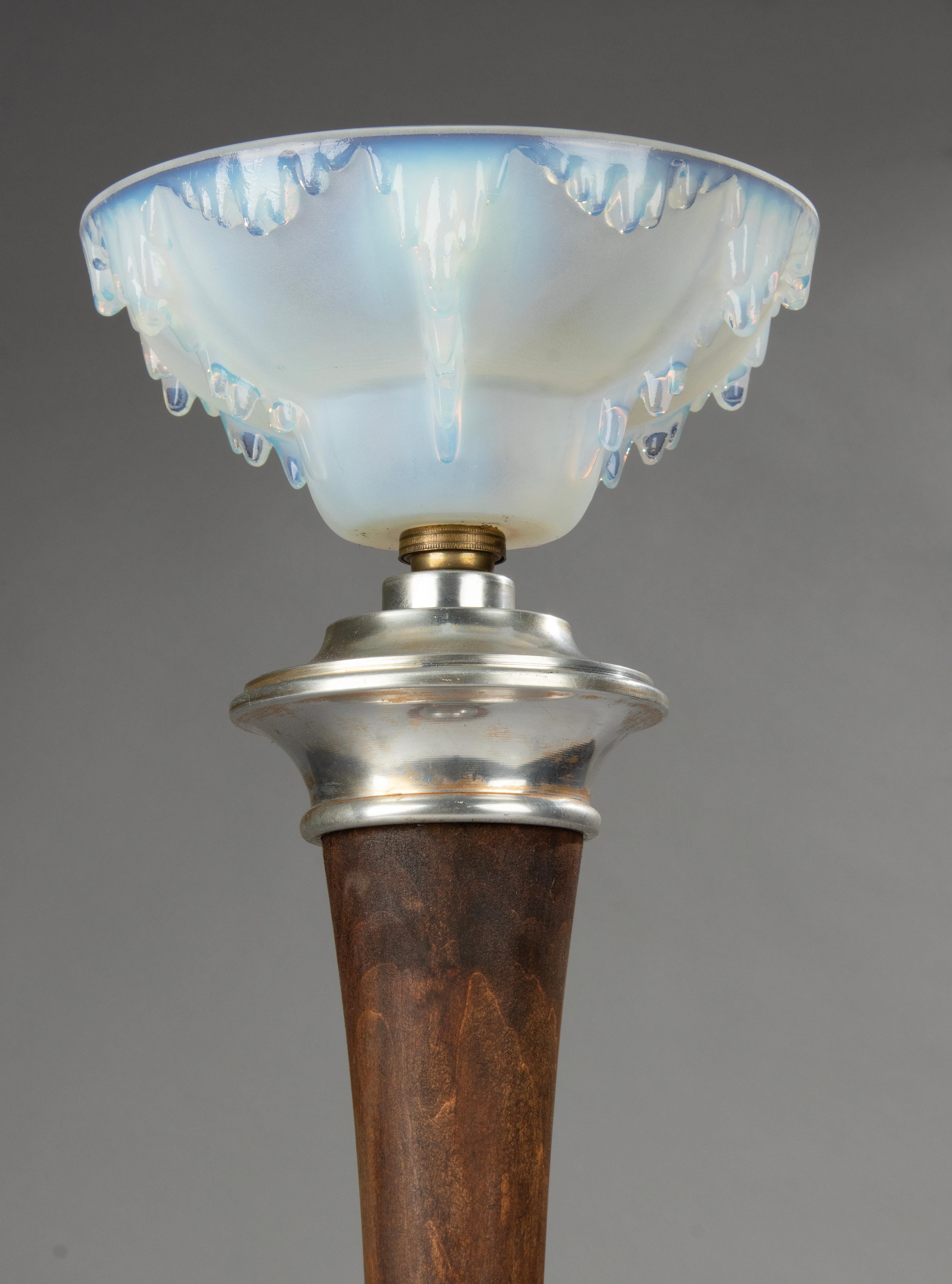French Early 20th Century Art Deco Table Lamp, Ezan Style Blue Glass Shade For Sale