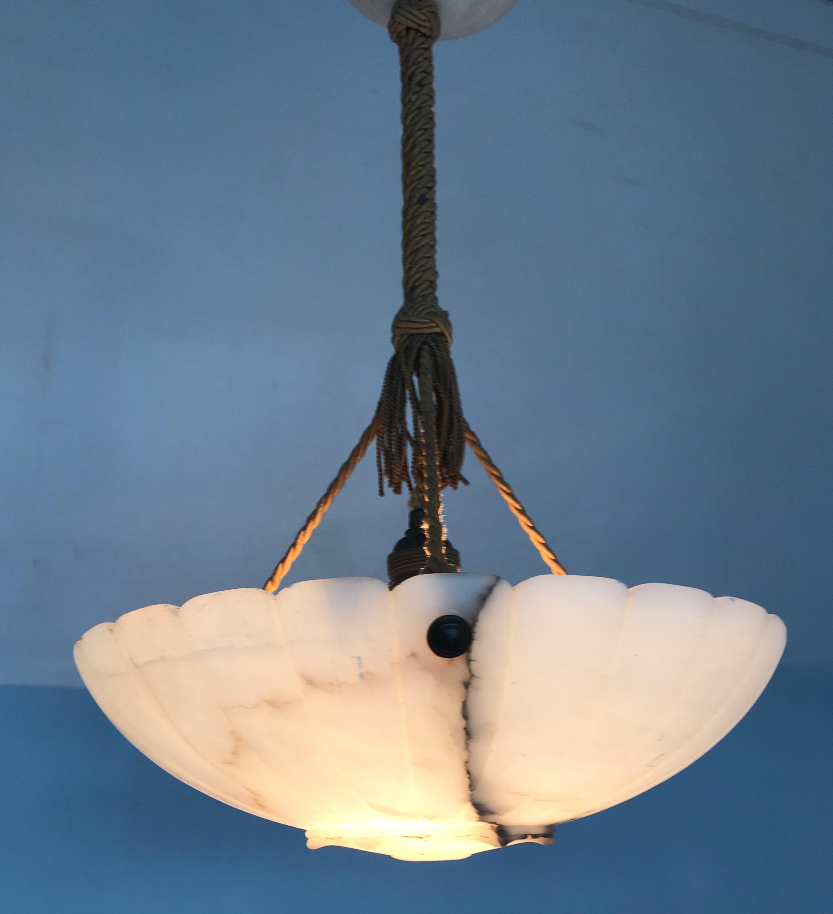 Early 20th Century Art Deco White Alabaster Chandelier w. Original Rope & Canopy 5