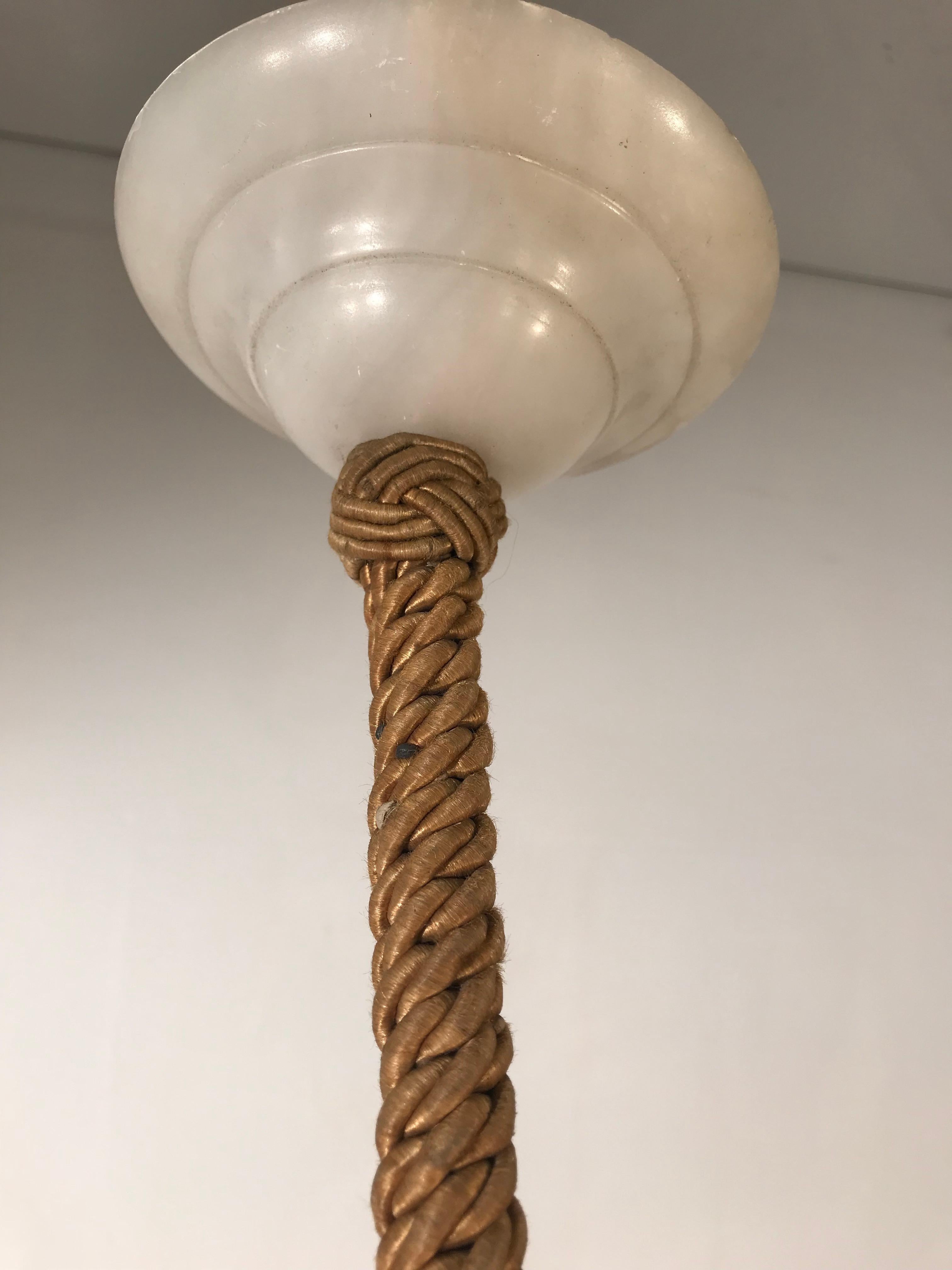 Early 20th Century Art Deco White Alabaster Chandelier w. Original Rope & Canopy 7