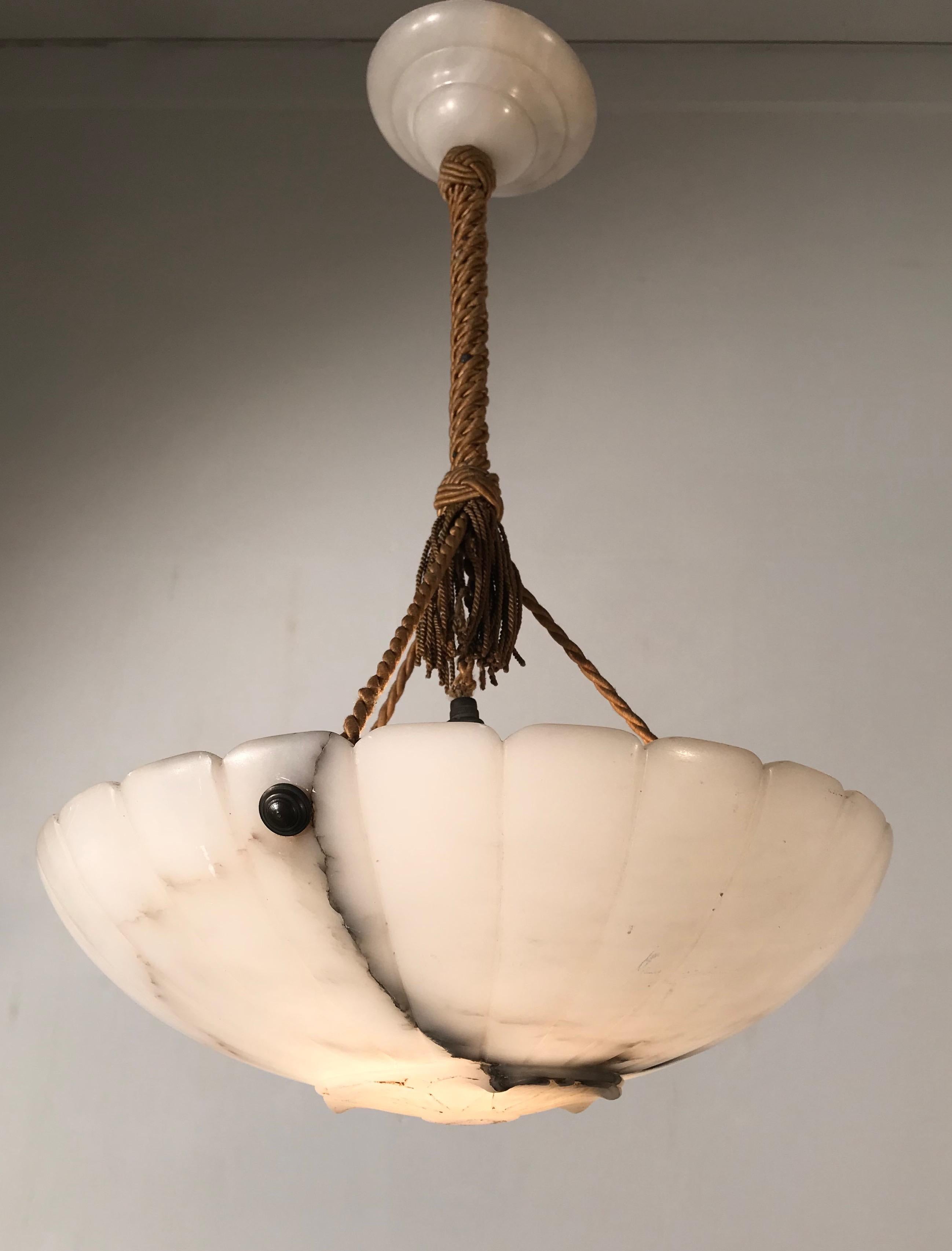 Early 20th Century Art Deco White Alabaster Chandelier w. Original Rope & Canopy 8