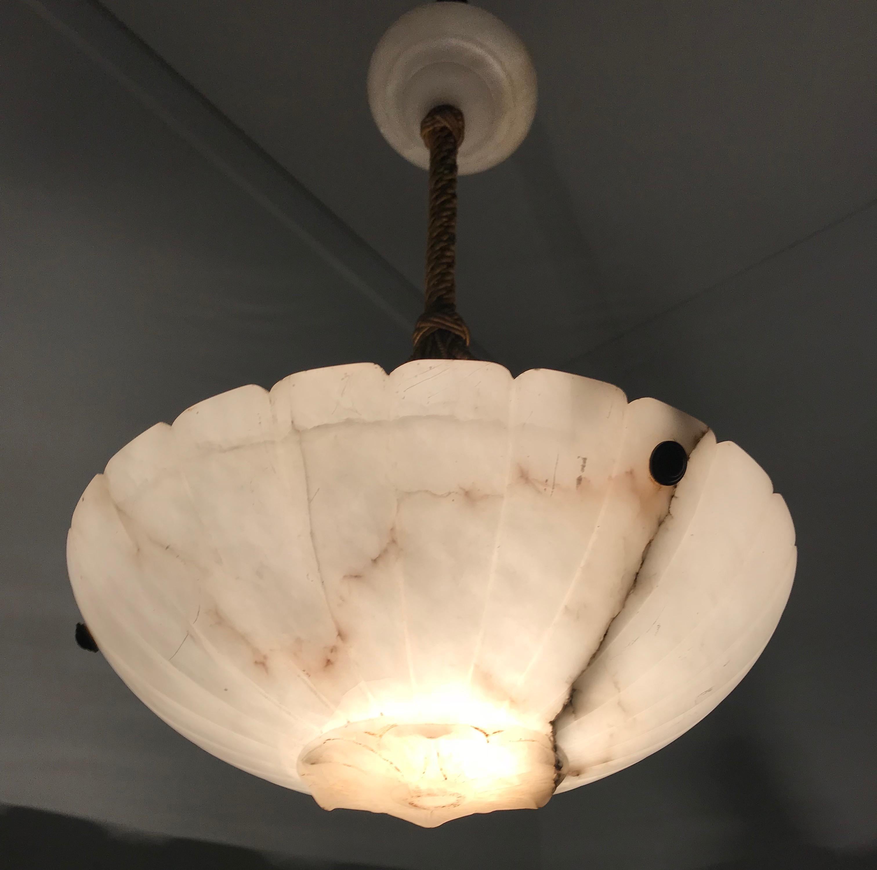 Early 20th Century Art Deco White Alabaster Chandelier w. Original Rope & Canopy 10