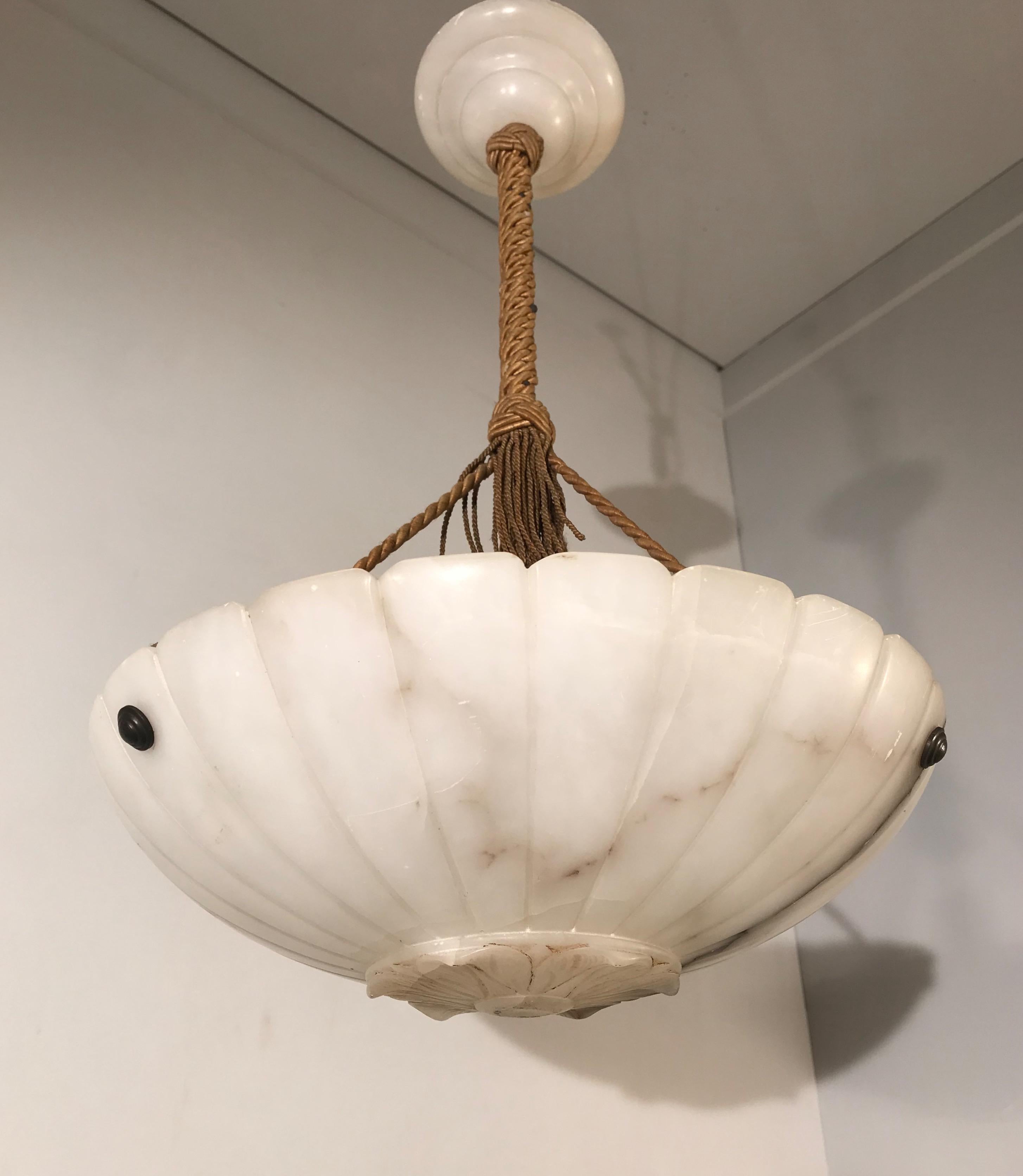 Early 20th Century Art Deco White Alabaster Chandelier w. Original Rope & Canopy 12
