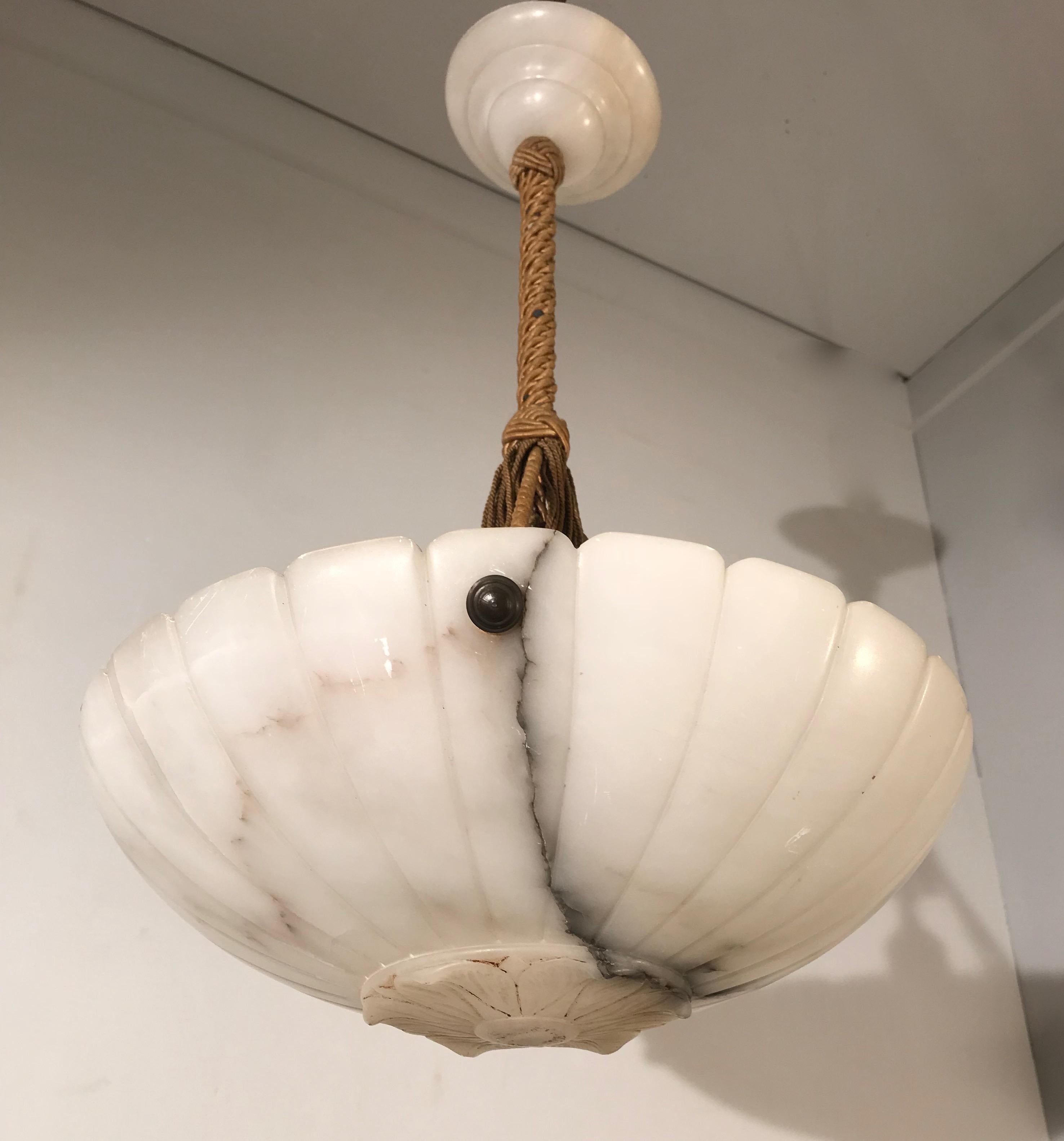 Early 20th Century Art Deco White Alabaster Chandelier w. Original Rope & Canopy 13