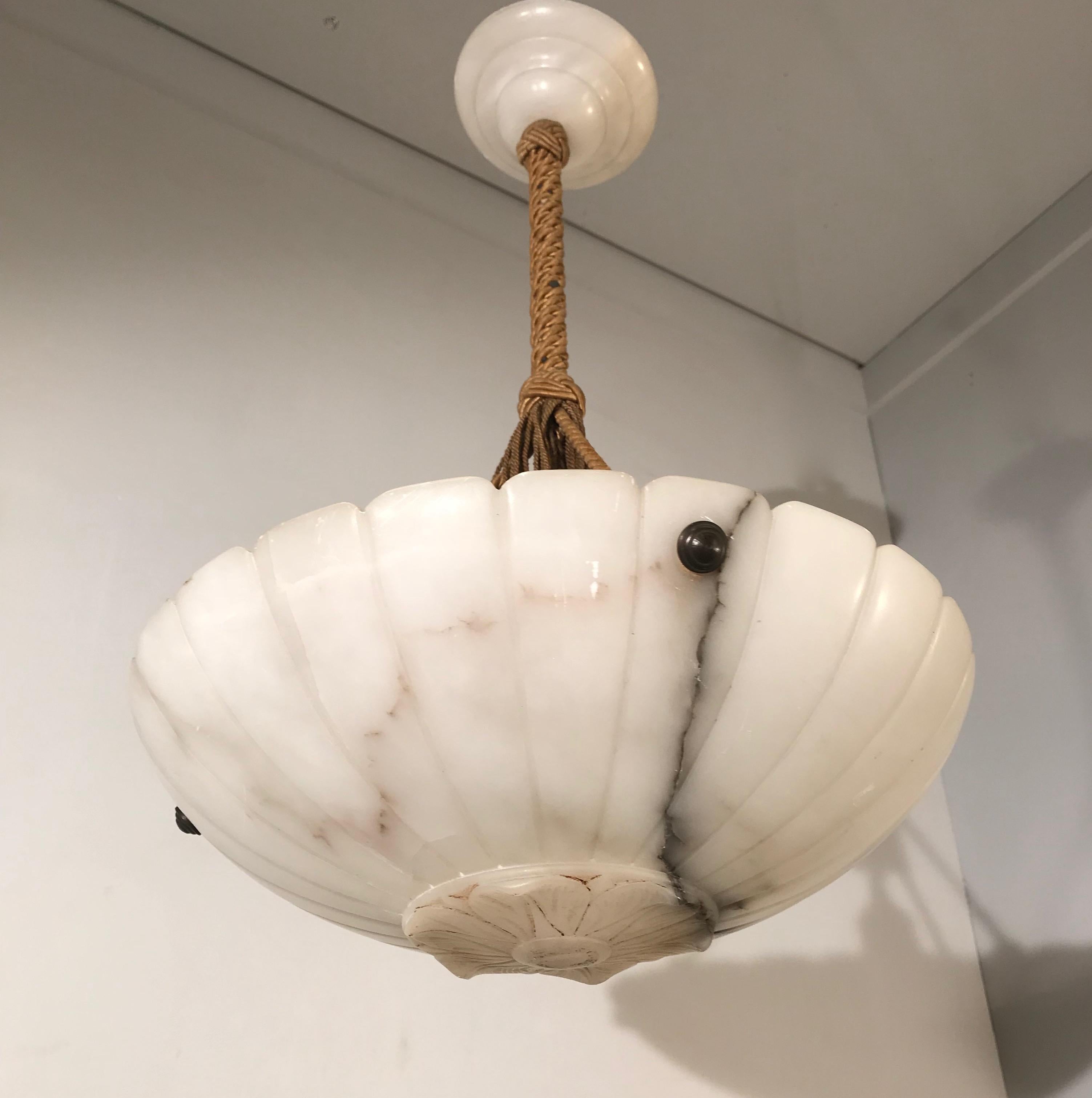 French Early 20th Century Art Deco White Alabaster Chandelier w. Original Rope & Canopy