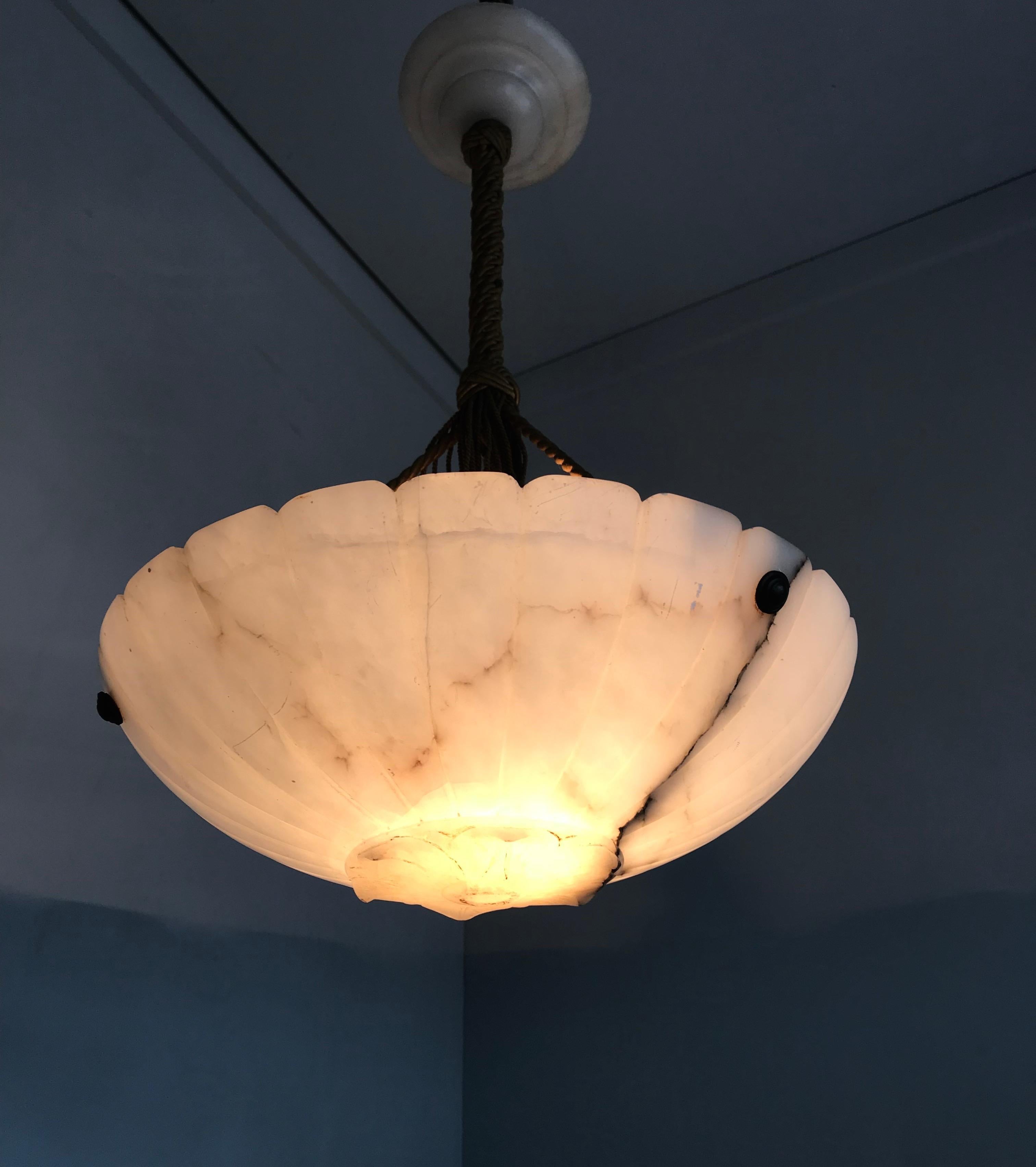 Early 20th Century Art Deco White Alabaster Chandelier w. Original Rope & Canopy 2