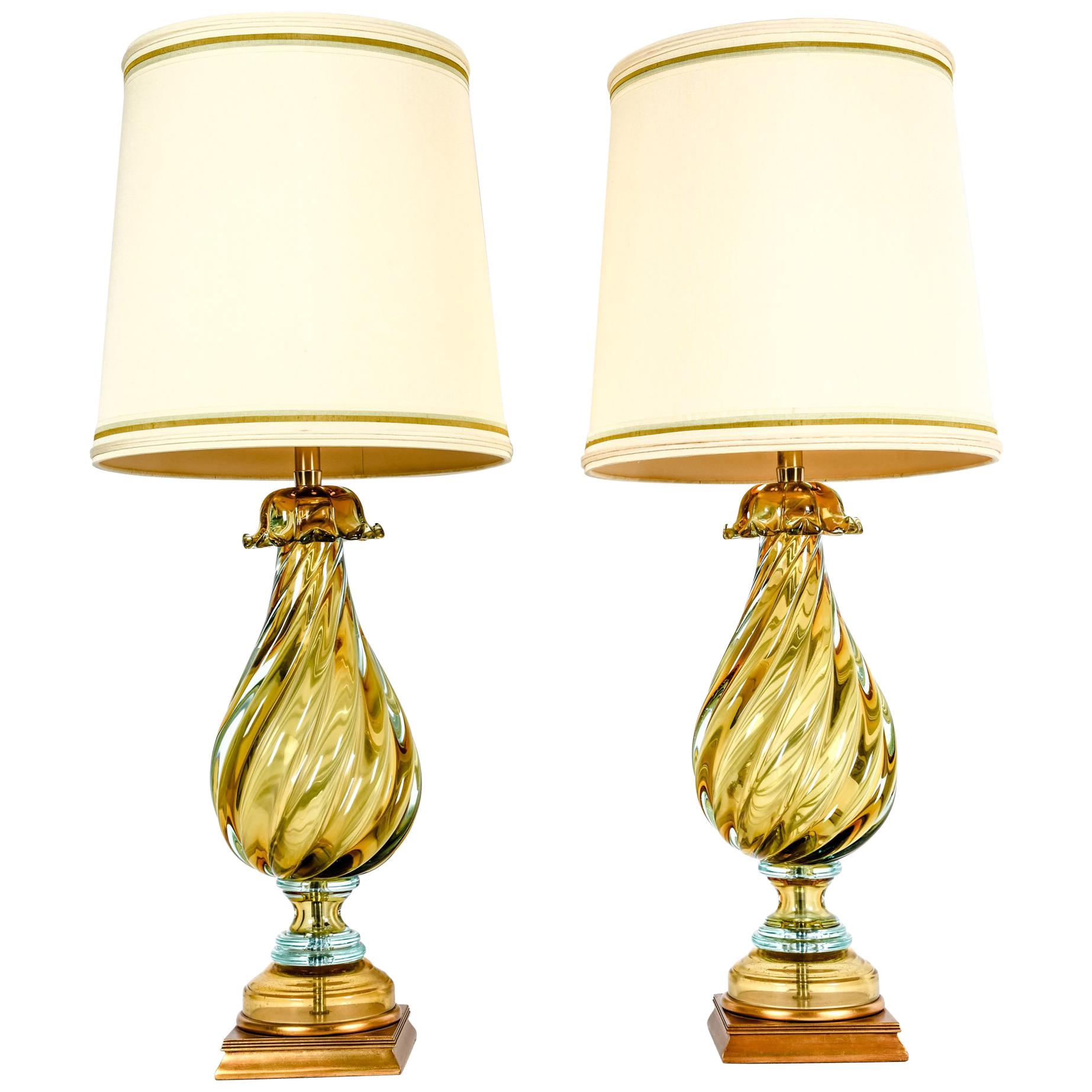 Early 20th Century Art Glass Pair Table Lamps With Wood Base