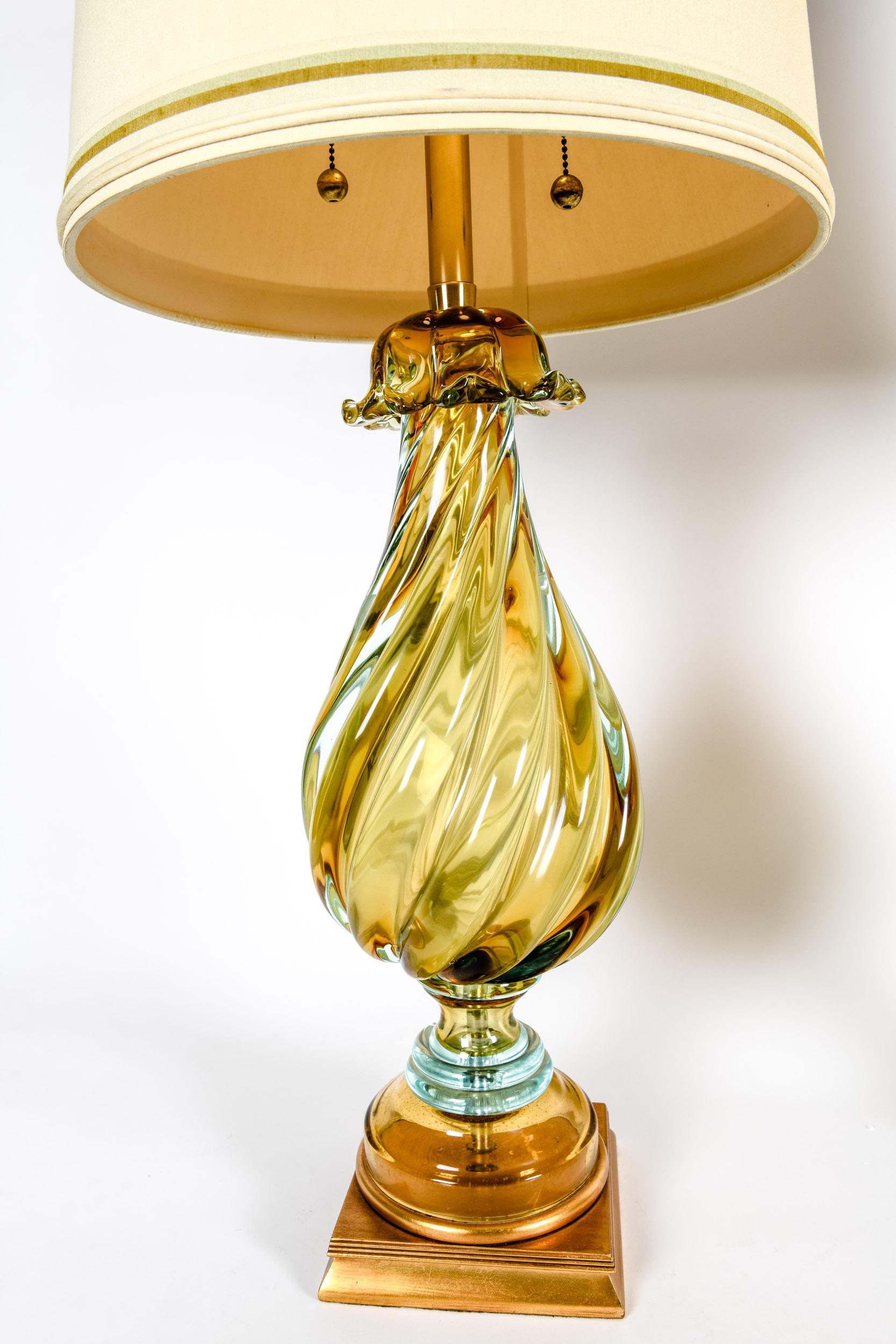 Early 20th Century Art Glass Pair Table Lamps With Wood Base 5
