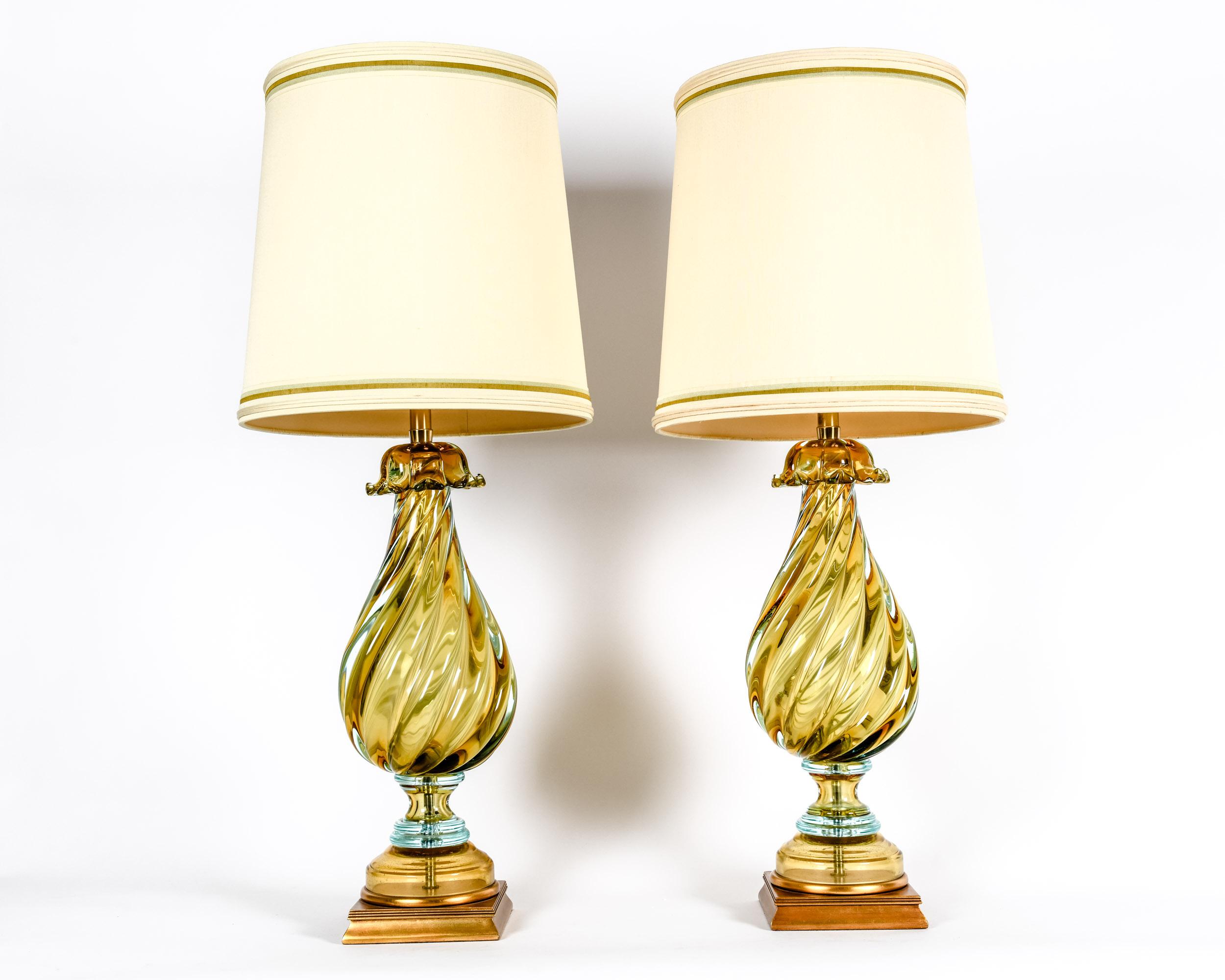 Early 20th Century Art Glass Pair Table Lamps With Wood Base 9