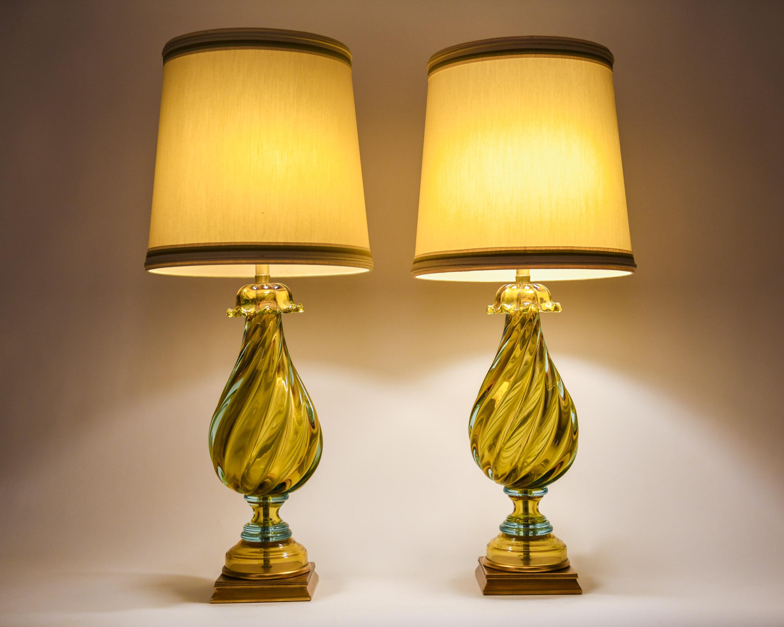 Early 20th Century Art Glass Pair Table Lamps With Wood Base 1