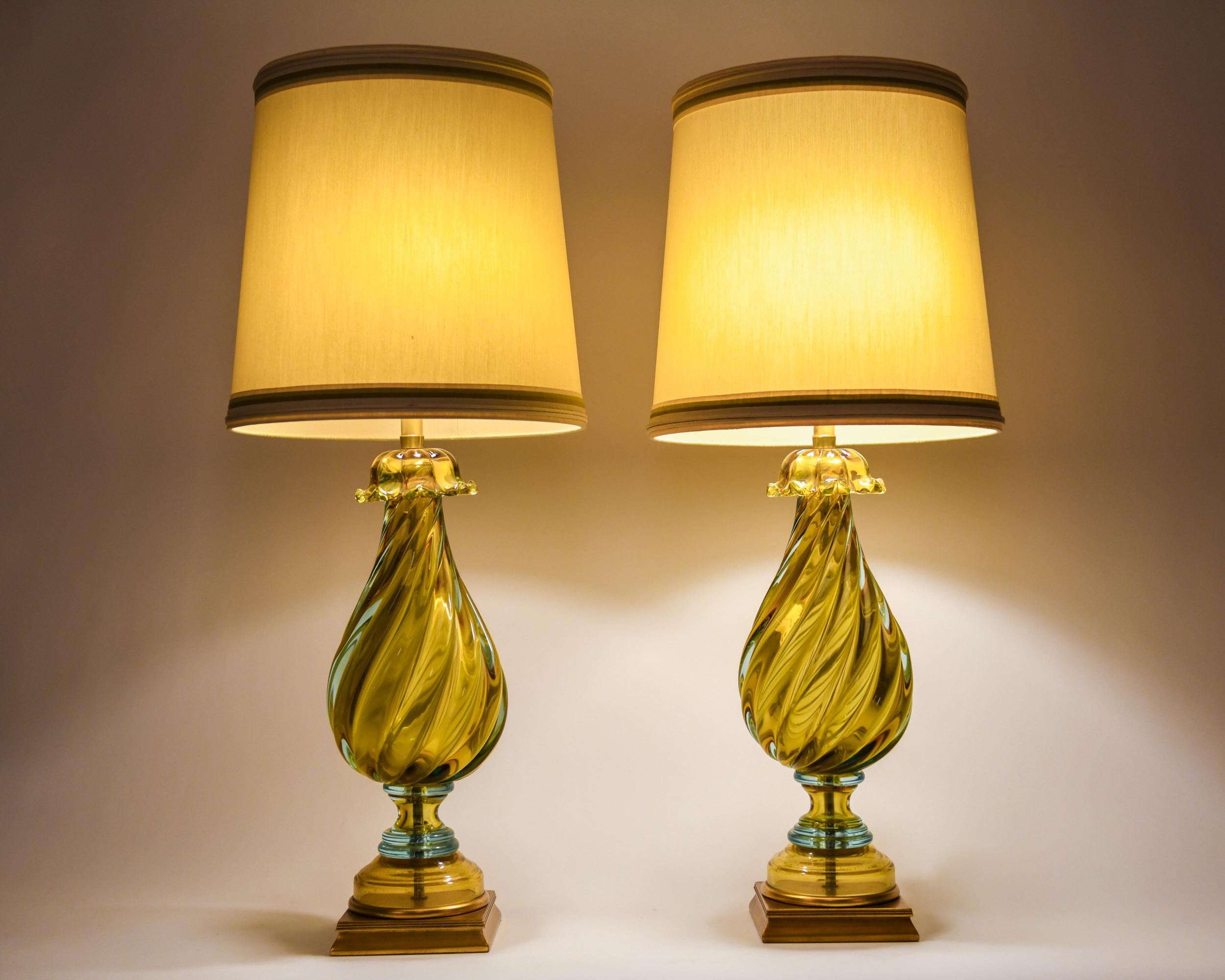 Early 20th Century Art Glass Pair Table Lamps With Wood Base 3