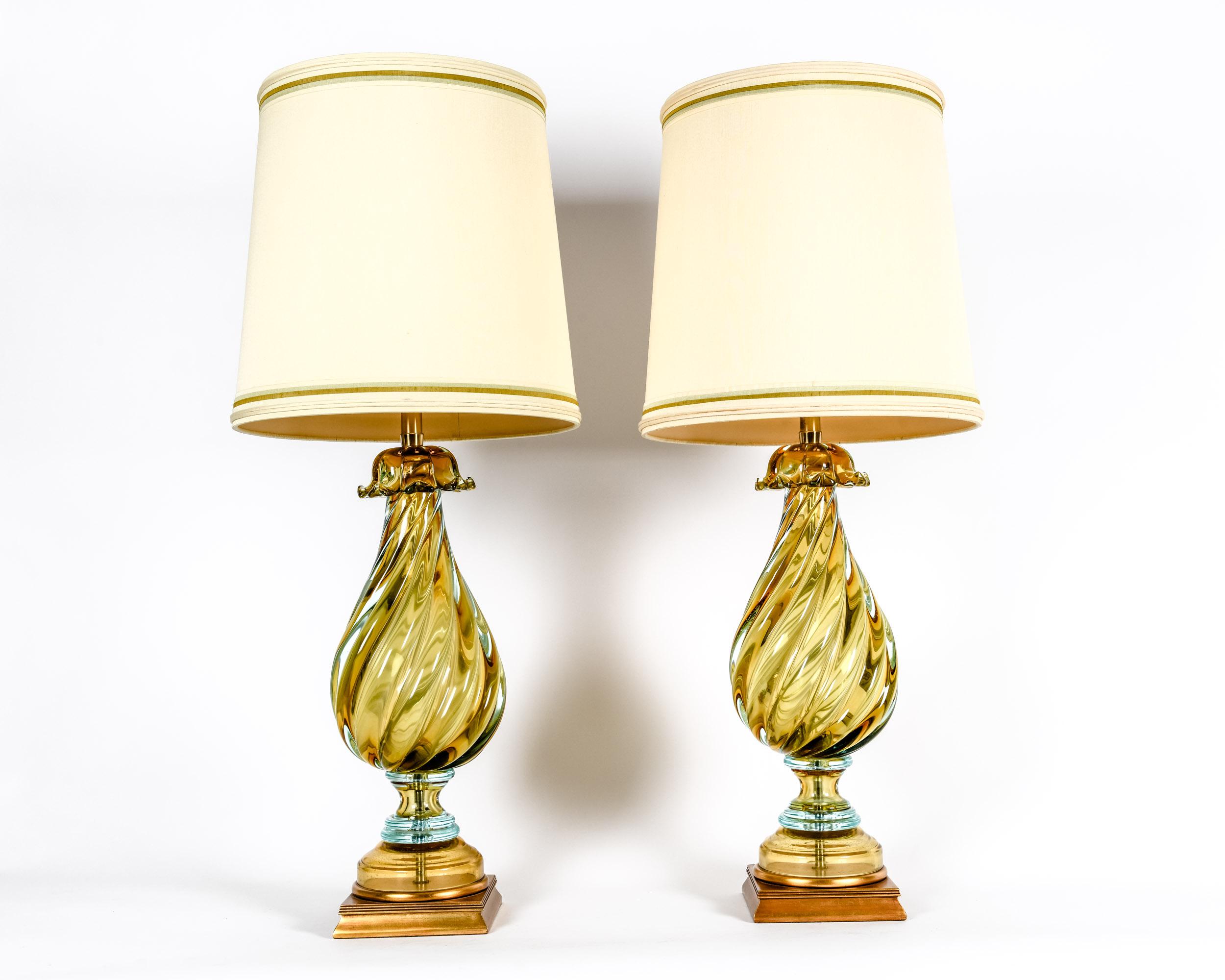 Early 20th Century Art Glass Pair Table Lamps With Wood Base 4