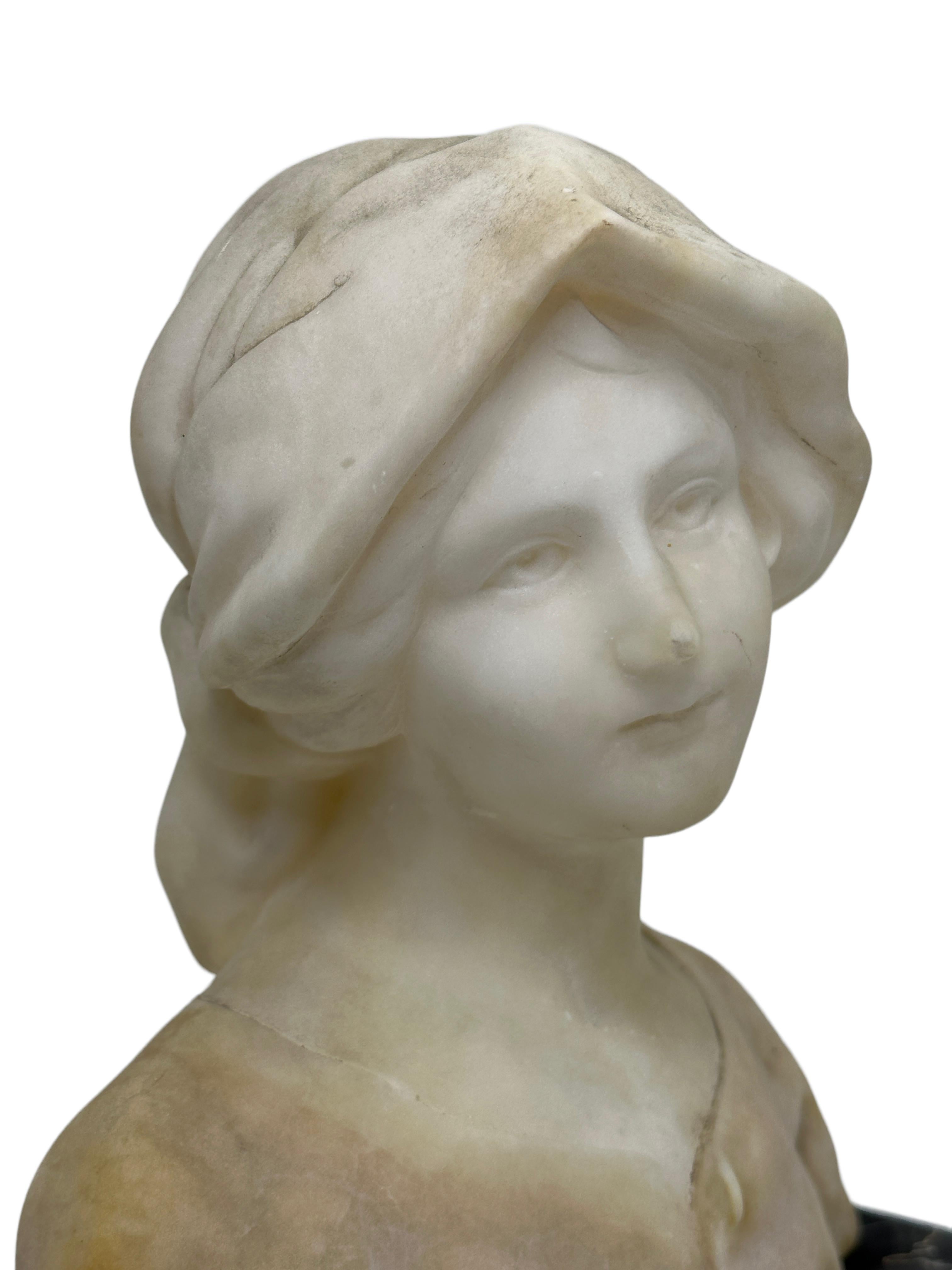 Hand-Crafted Early 20th Century Art Nouveau Alabaster Girl Bust, 1890s, Italy