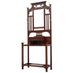 Antique Early 20th Century Art Nouveau Brass and Oak French Coat Rack or Hall Stand