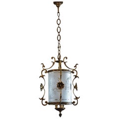 Early 20th Century Art Nouveau Brass Etched Glass Cylinder Three-Light Lantern