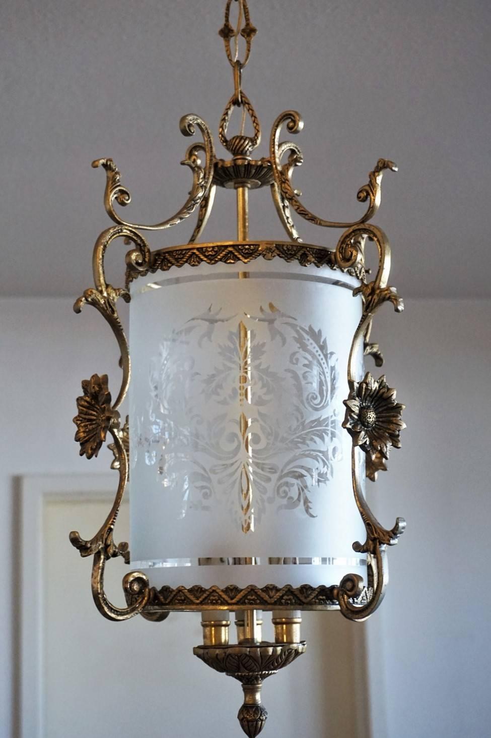 Spanish Early 20th Century Art Nouveau Brass Etched Glass Cylinder Three-Light Lantern