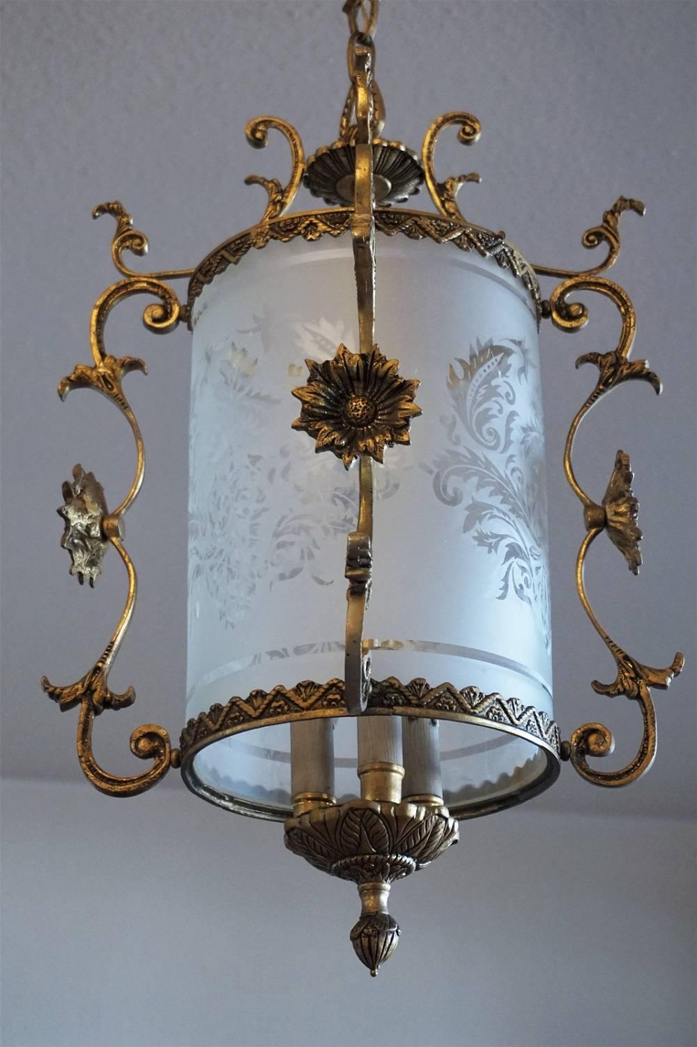 19th Century Early 20th Century Art Nouveau Brass Etched Glass Cylinder Three-Light Lantern