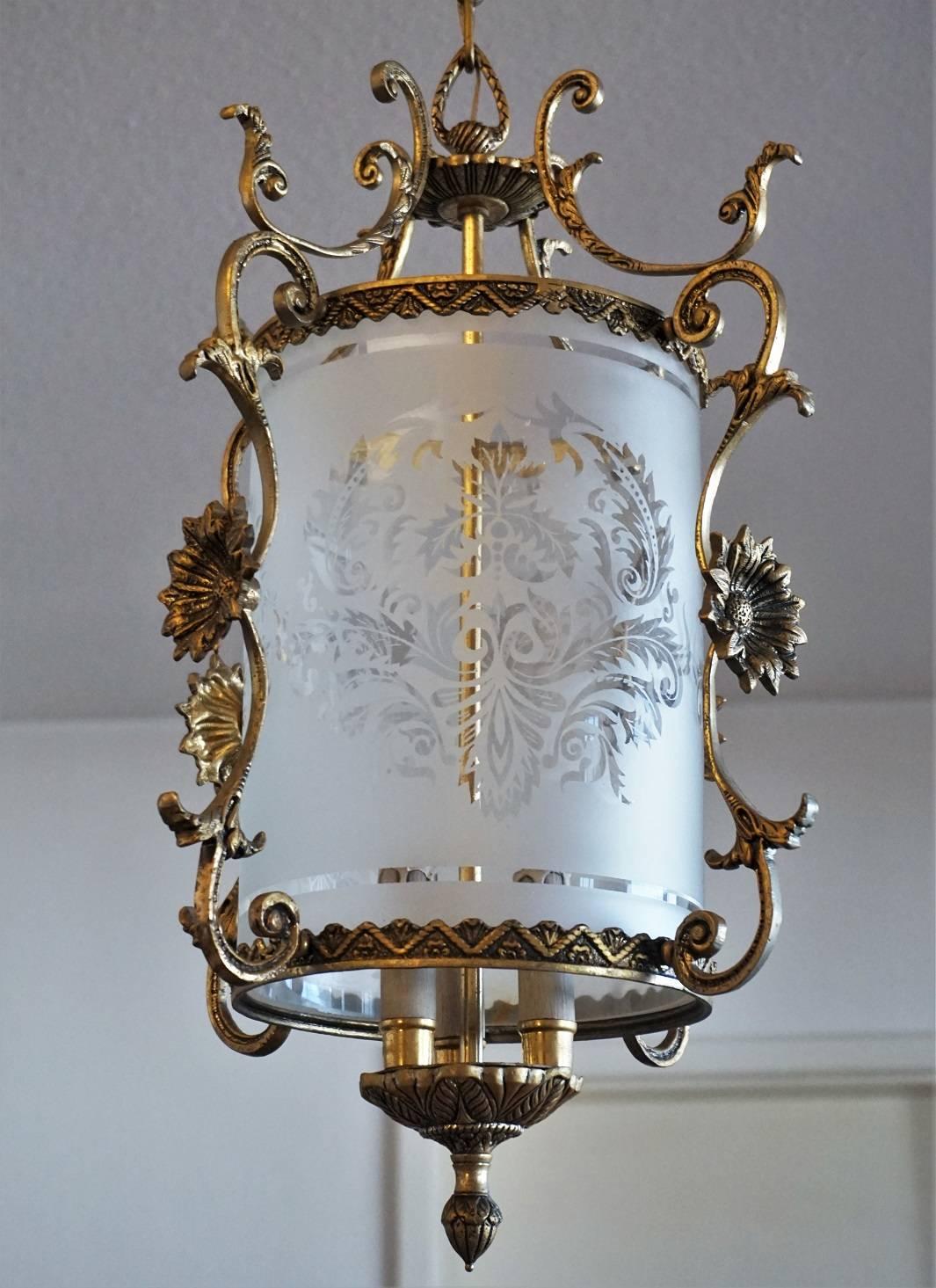 Bronze Early 20th Century Art Nouveau Brass Etched Glass Cylinder Three-Light Lantern