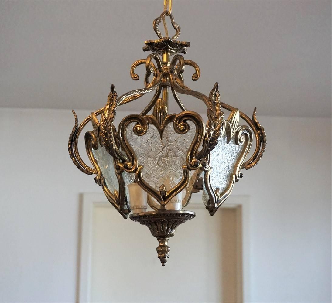 Portuguese Early 20th Century Bronze and Molded Glass Thee-Light Lantern