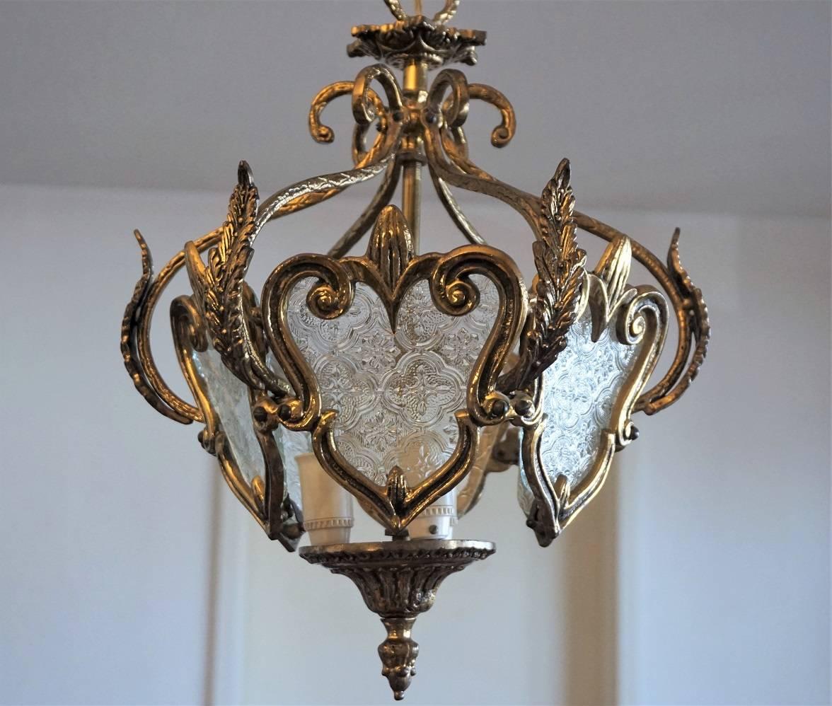 Gilt Early 20th Century Bronze and Molded Glass Thee-Light Lantern