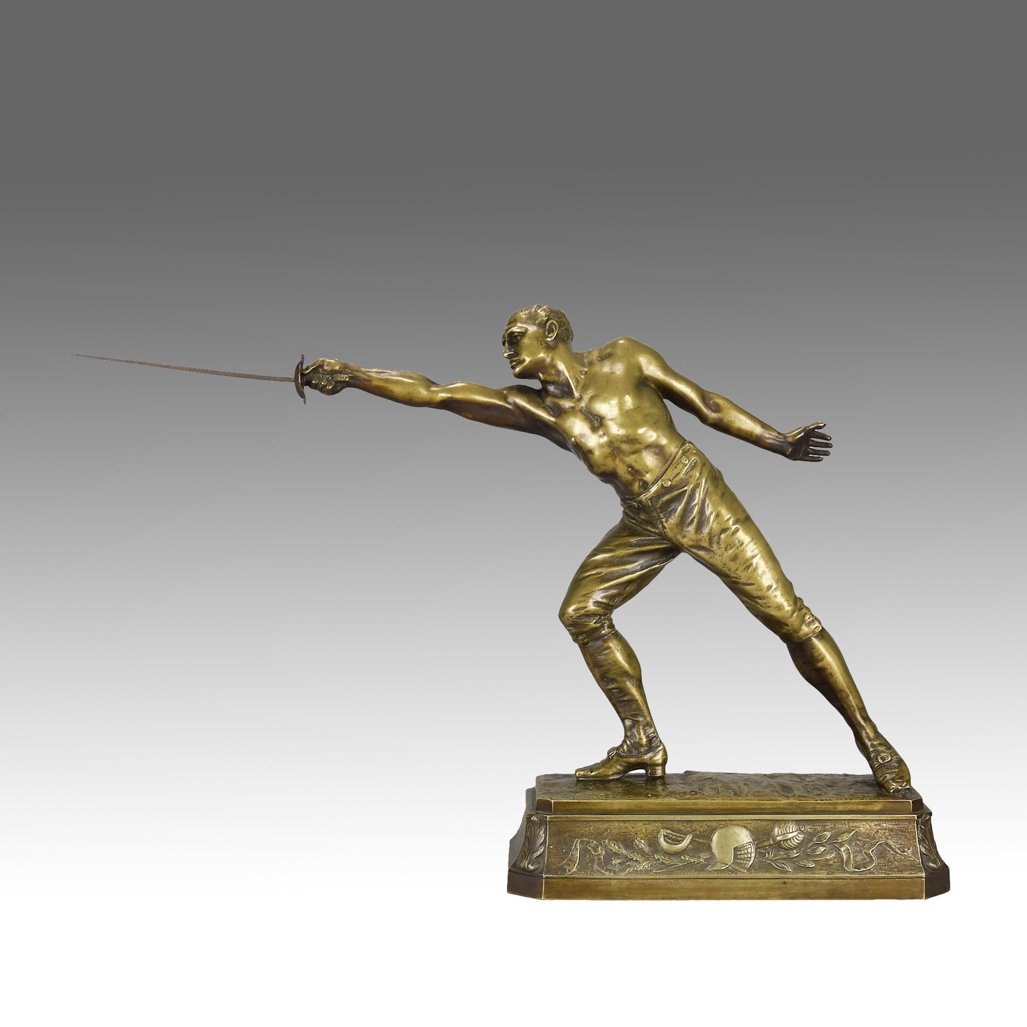 An impressive Austrian bronze study of a muscular fencer in mid lung with excellent golden patina and very fine hand finished surface detail, raised on a decorative integral base, signed R. Kuchler & stamped 'Vrai Bronze Depose K'

ADDITIONAL
