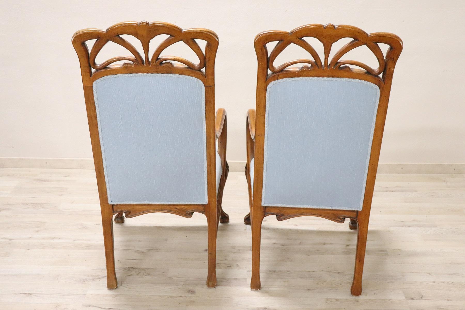 Early 20th Century Art Nouveau Carved Walnut Pair of Armchairs 6