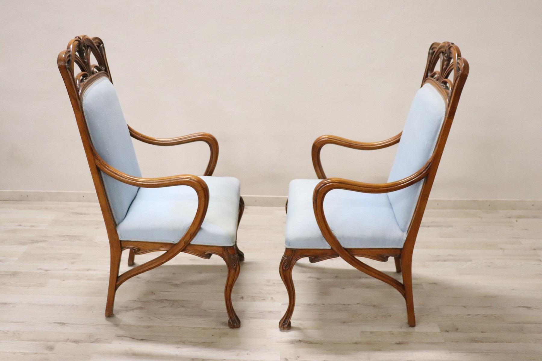 Early 20th Century Art Nouveau Carved Walnut Pair of Armchairs 3