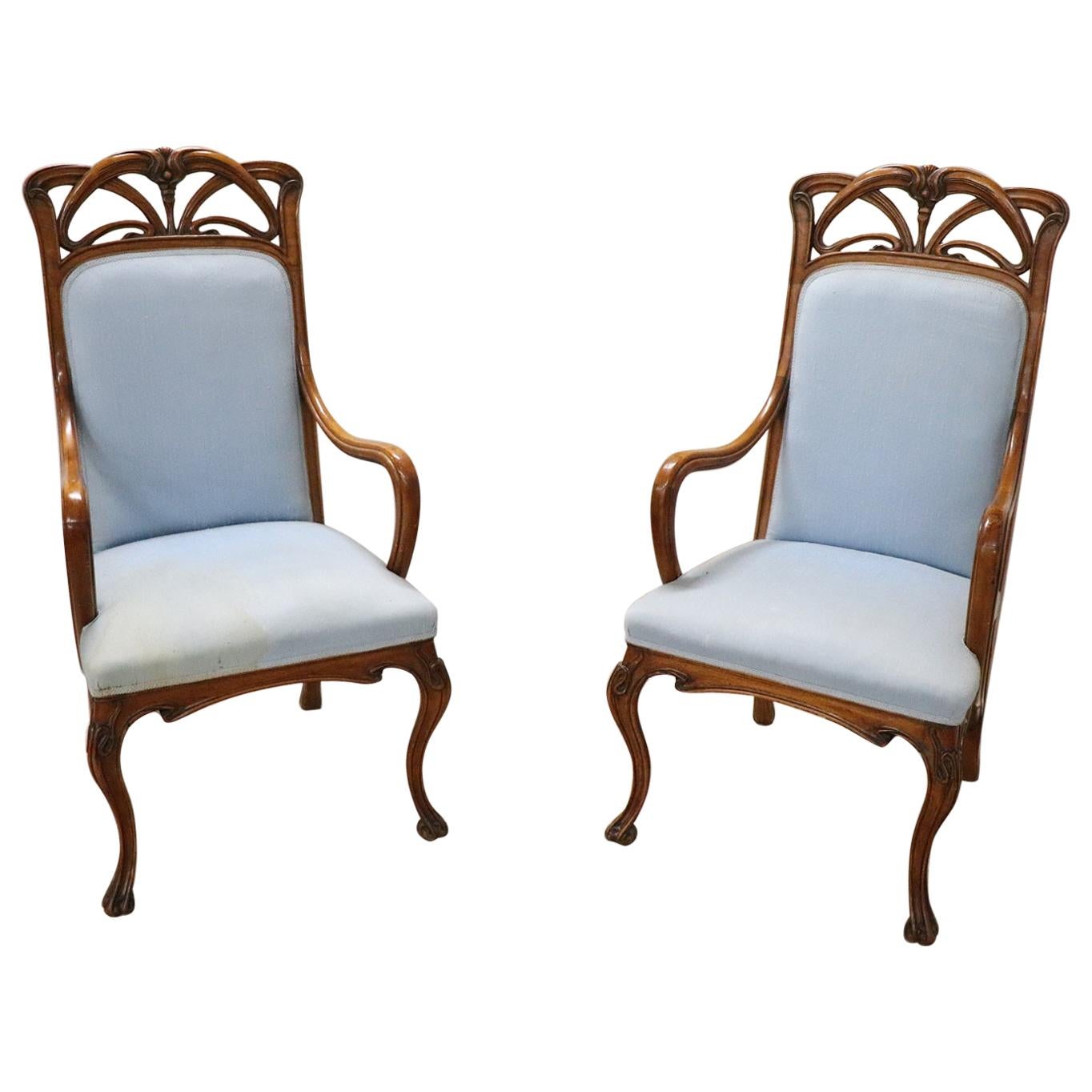 Early 20th Century Art Nouveau Carved Walnut Pair of Armchairs