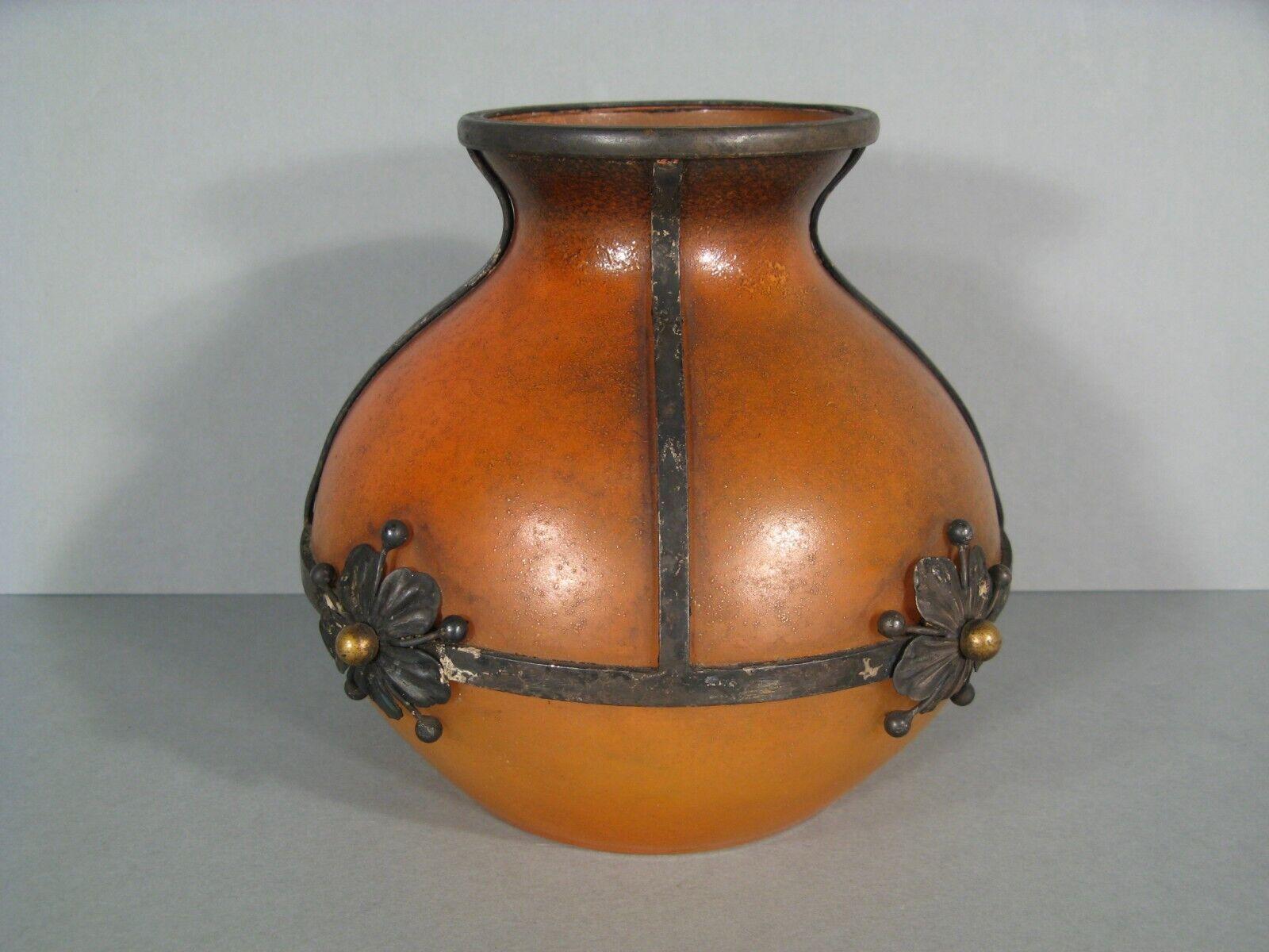 Bronze Early 20th Century Art Nouveau Colored Glass Vase with Wrought Iron - 1Y180
