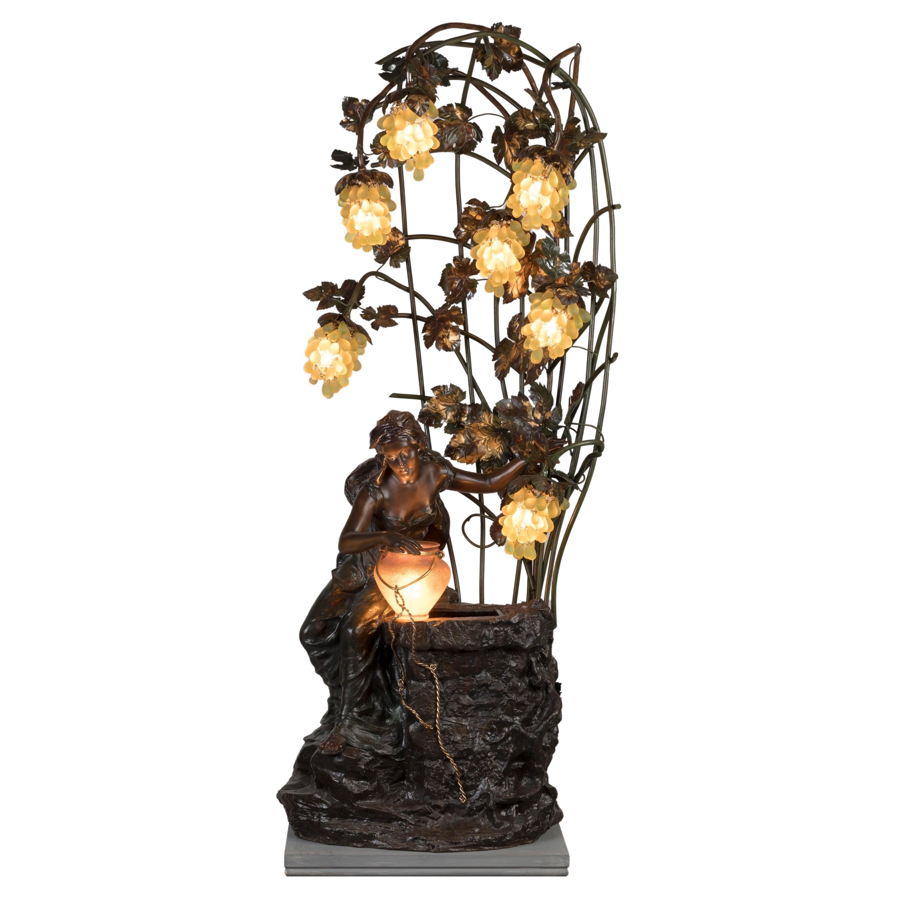Early 20th Century Art Nouveau Glass & Spelter Sculptural Lamp 