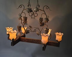 Early 20th Century Art Nouveau Grapevine Chandelier in Carved Wood, Metal, Glass