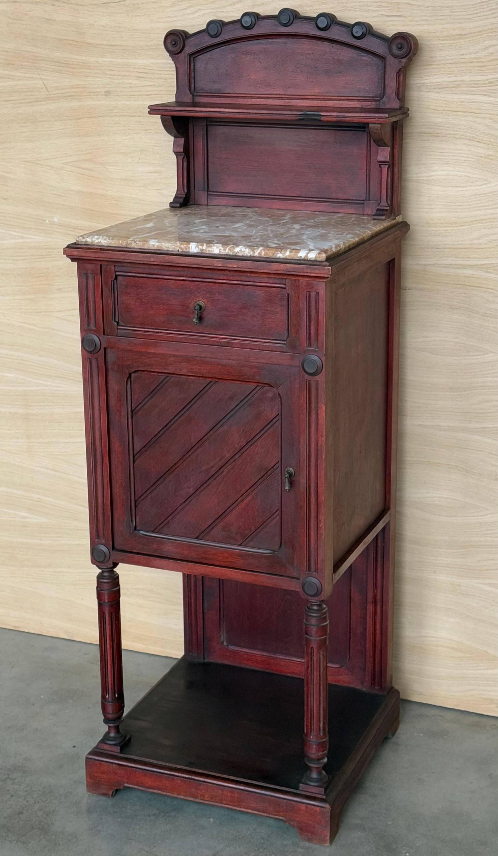 Marble Early 20th Century Art Nouveau Italian Nightstands in Solid Walnut with crest For Sale