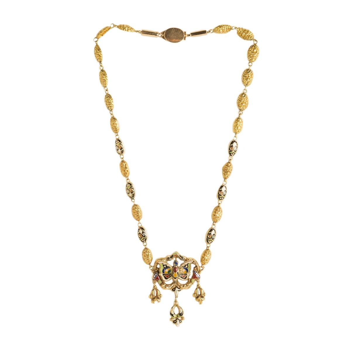 Women's Early 20th Century Art Nouveau Necklace in 14 Kt Gold with Enamels For Sale