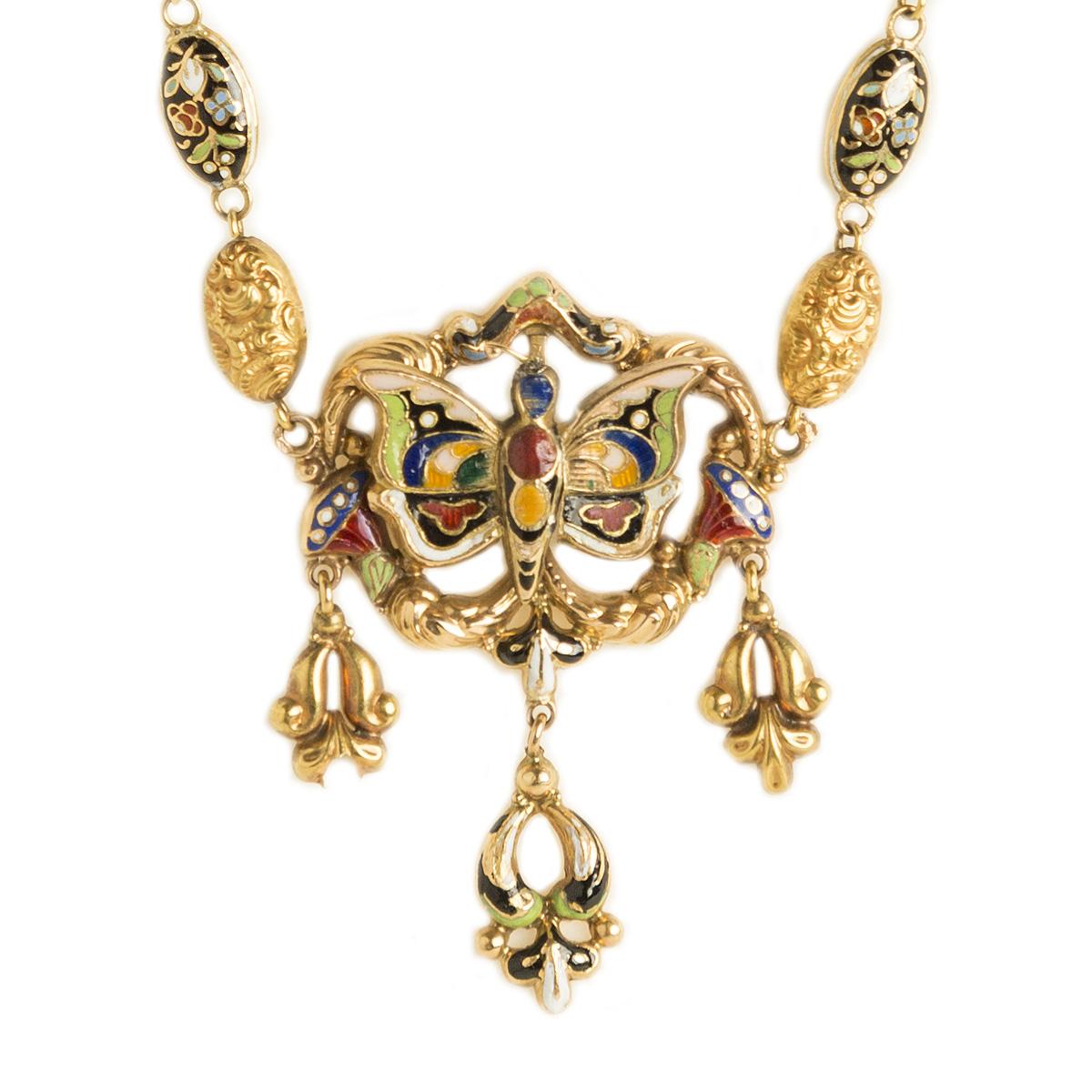 Early 20th Century Art Nouveau Necklace in 14 Kt Gold with Enamels For Sale 1