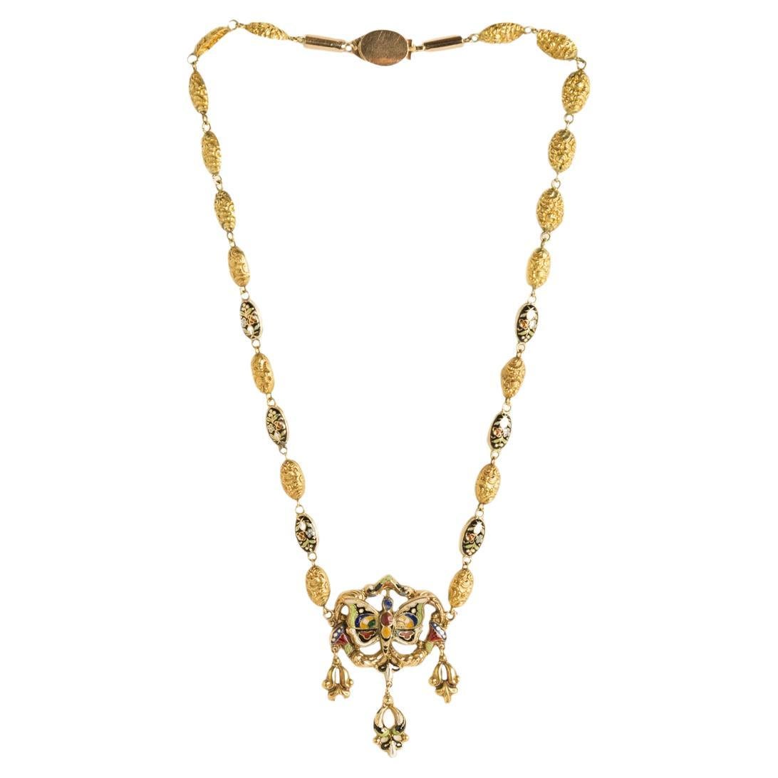 Early 20th Century Art Nouveau Necklace in 14 Kt Gold with Enamels For Sale