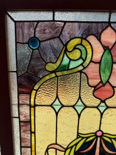 Early 20th Century Art Nouveau Stained Glass Window, Floral Motif and Jewels