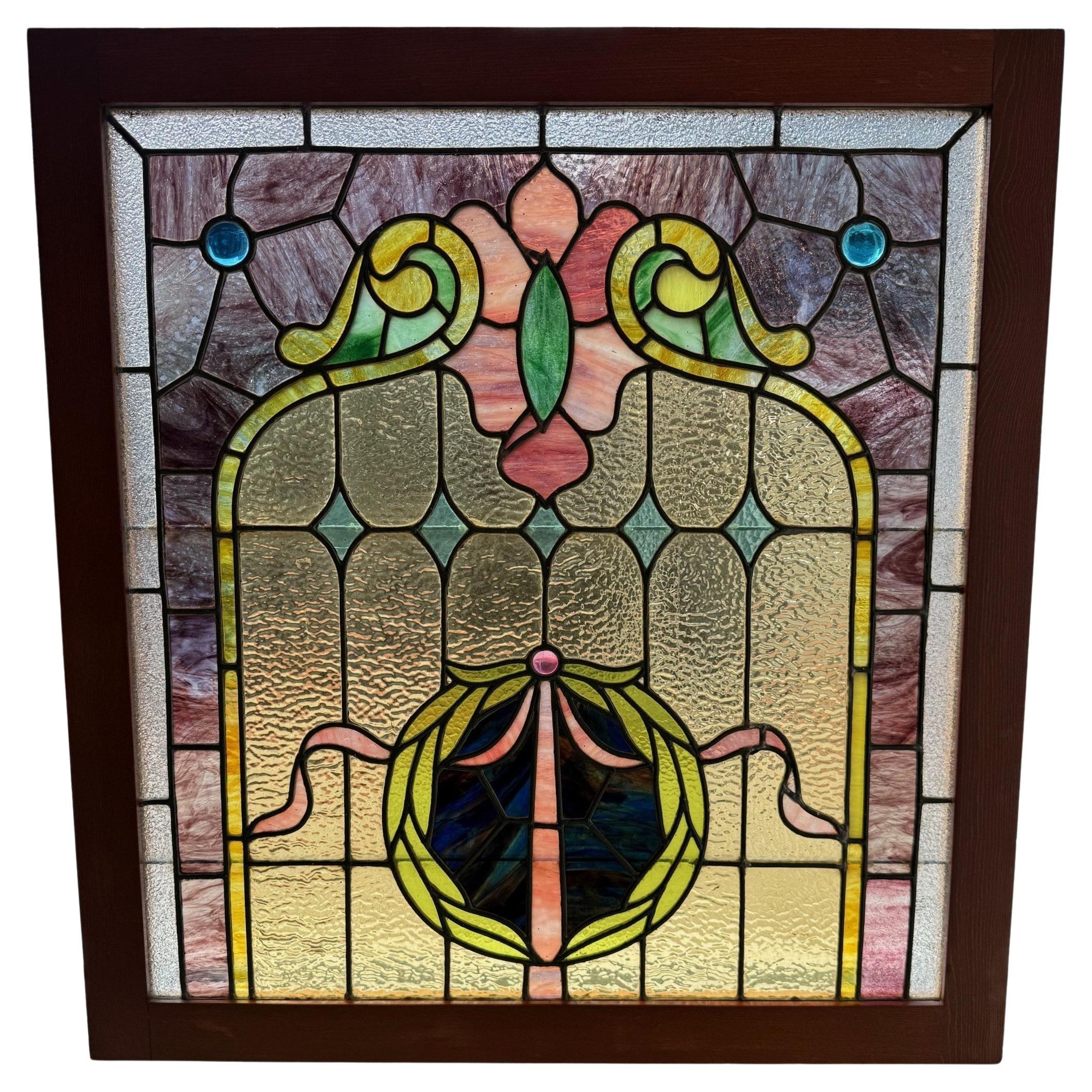 Vitrail Art nouveau du début du 20e siècle, motif floral et Jewell