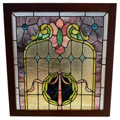 Antique Early 20th Century Art Nouveau Stained Glass Window, Floral Motif and Jewels