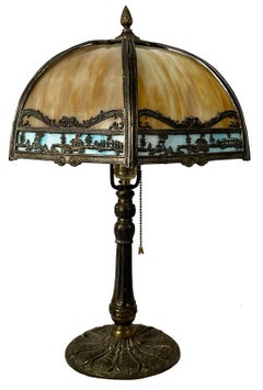 Early 20th Century Art Nouveau Table Lamp with Cottage Scene Motif