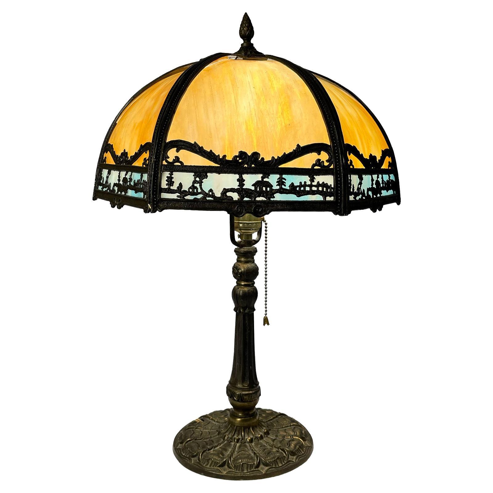 Early 20th Century Art Nouveau Table Lamp with Cottage Scene Motif For Sale