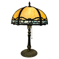 Antique Early 20th Century Art Nouveau Table Lamp with Cottage Scene Motif