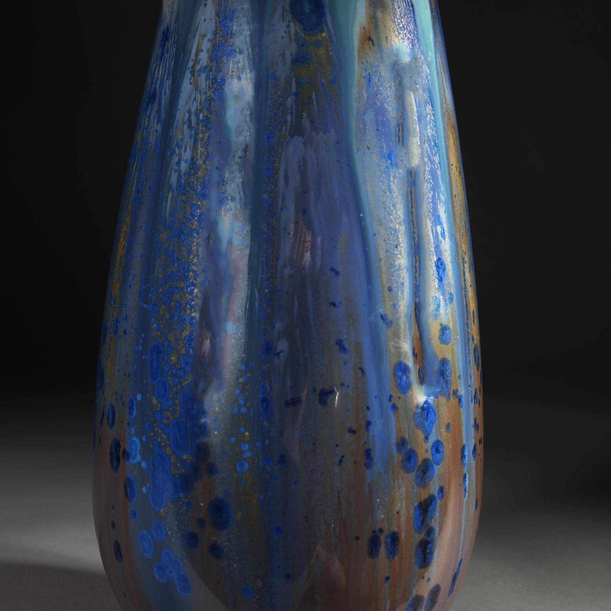 Glazed Early 20th Century Art Pottery Blue Glaze Vase as a Table Lamp by Pierrefonds