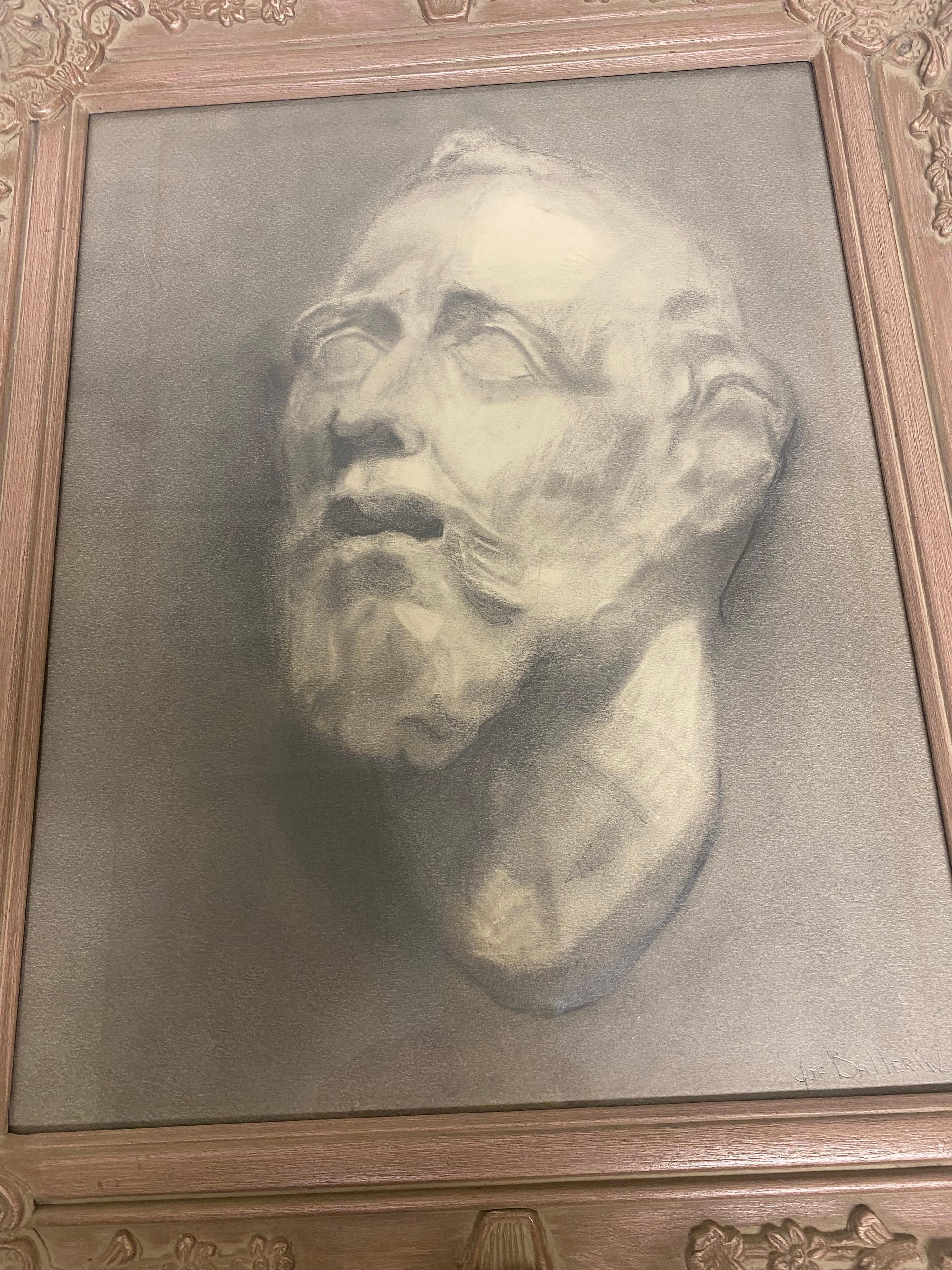 This is an early 20th century pencil drawing of a classical bust. This drawing is presented in a hand carved vintage French cocoa inspired frame. This pencil drawing is an artist study of a classical bust. The drawing is artist signed and dated 1914