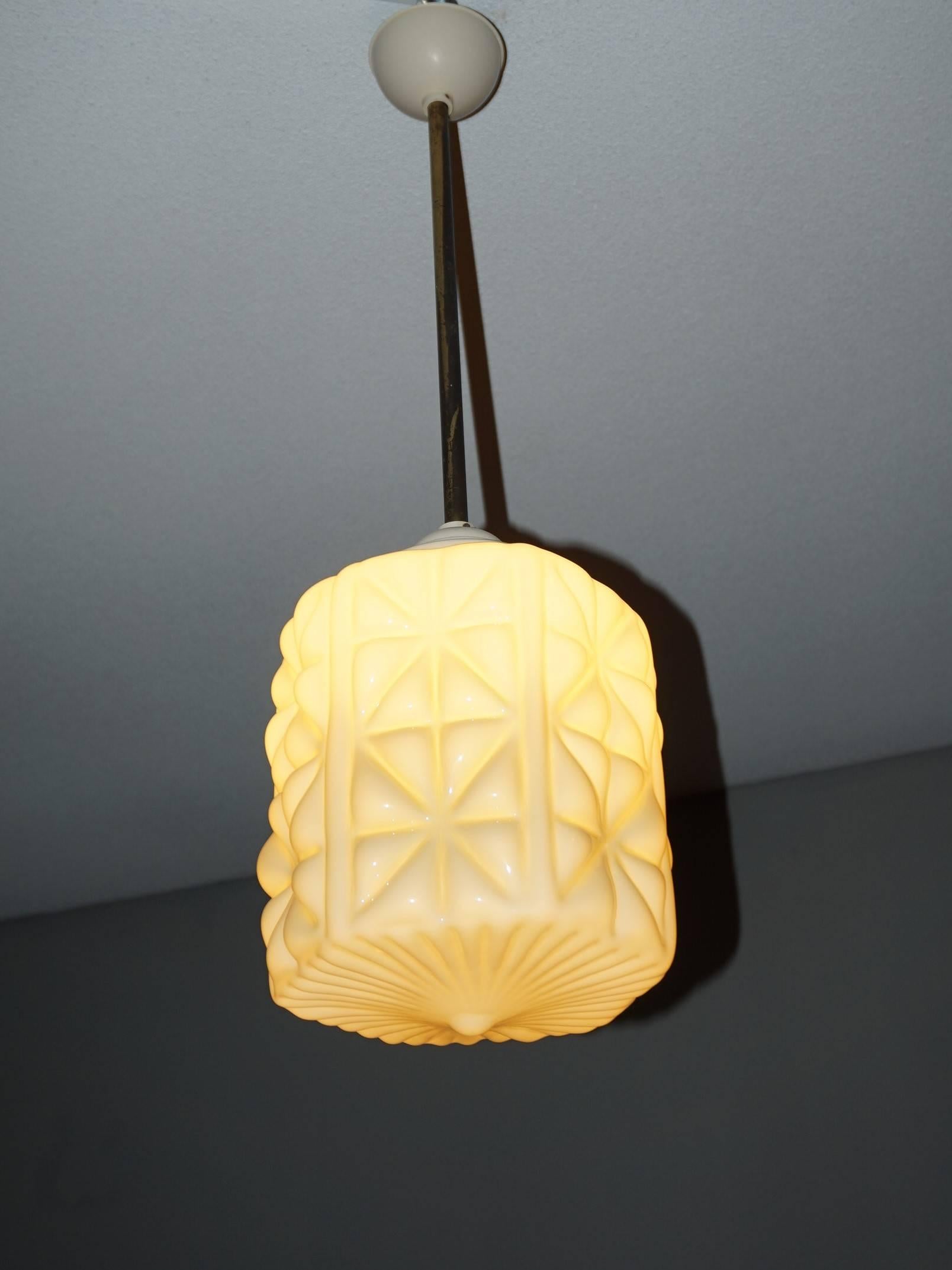 Hand-Crafted Early 20th Century Art Deco Glass, Brass & White Bakelite Pendant Light Fixture