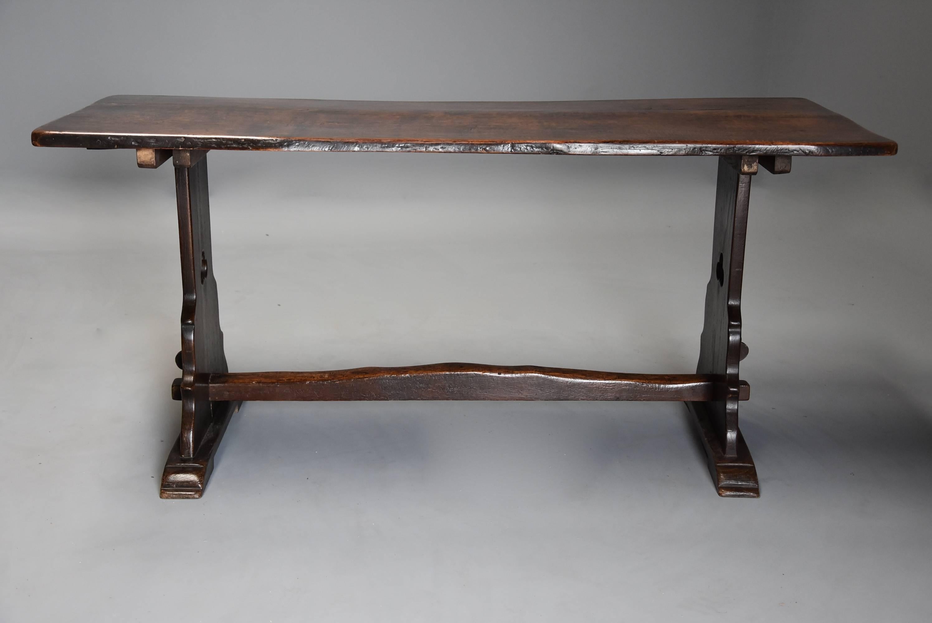 English Early 20th Century Arts & Crafts Oak Pegged Trestle Table with Superb Patina