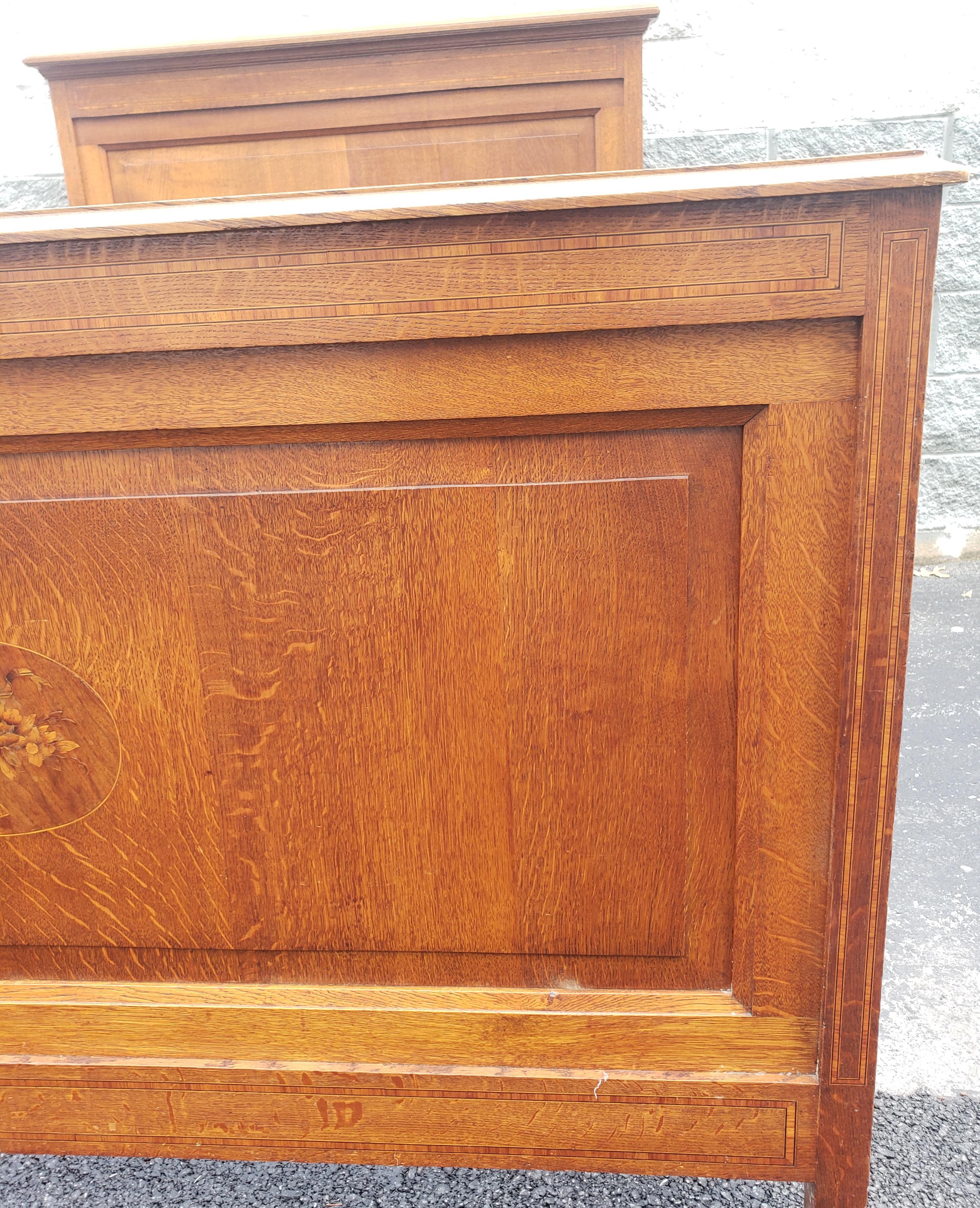 Arts and Crafts Early 20th Century Arts and Craft Marquetry Inlaid Quatersawn Oak Double Bed For Sale
