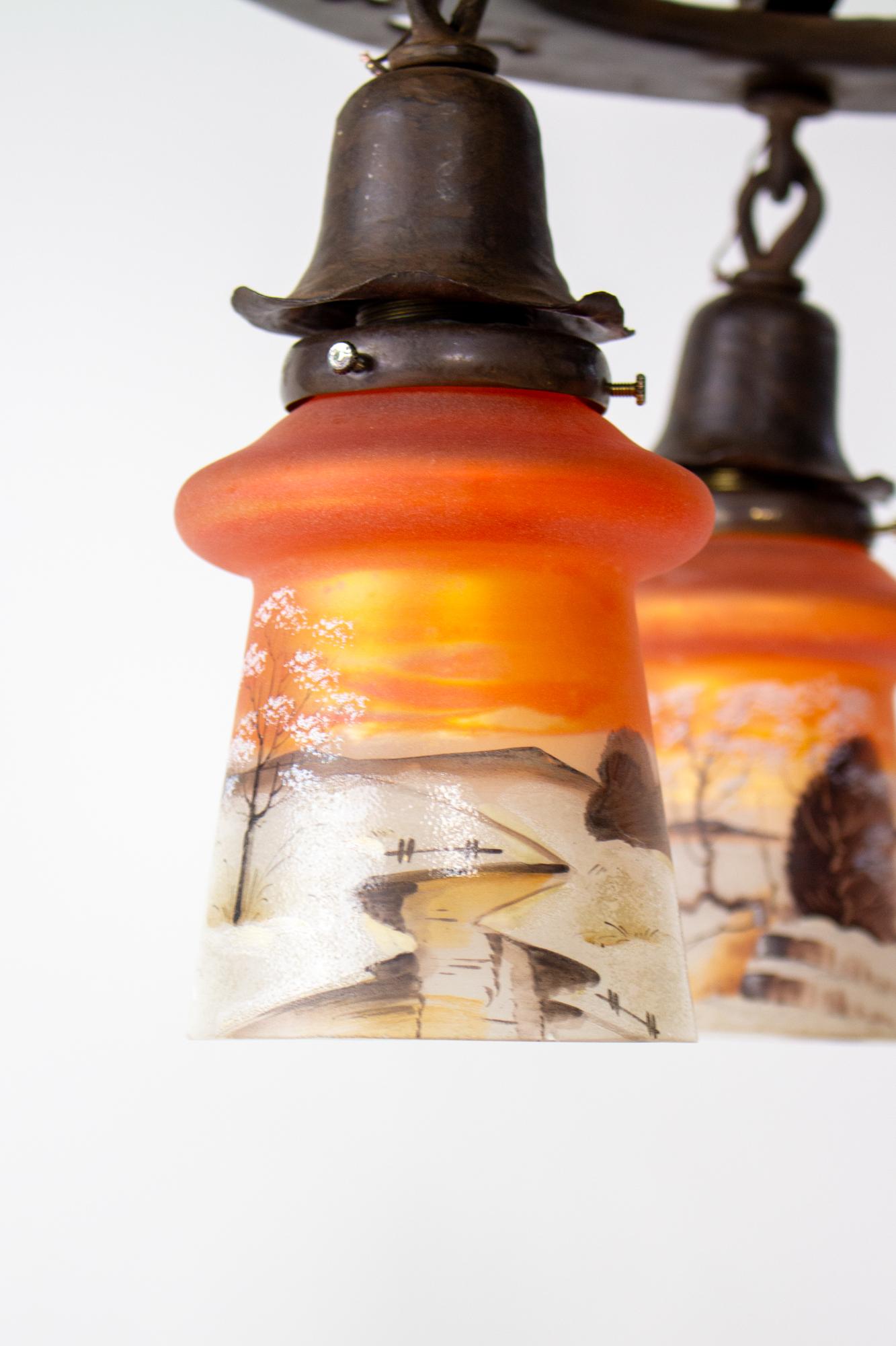 Arts and Crafts-Kronleuchter des frühen 20. Jahrhunderts mit orangefarben lackiertem Glas im Angebot 5