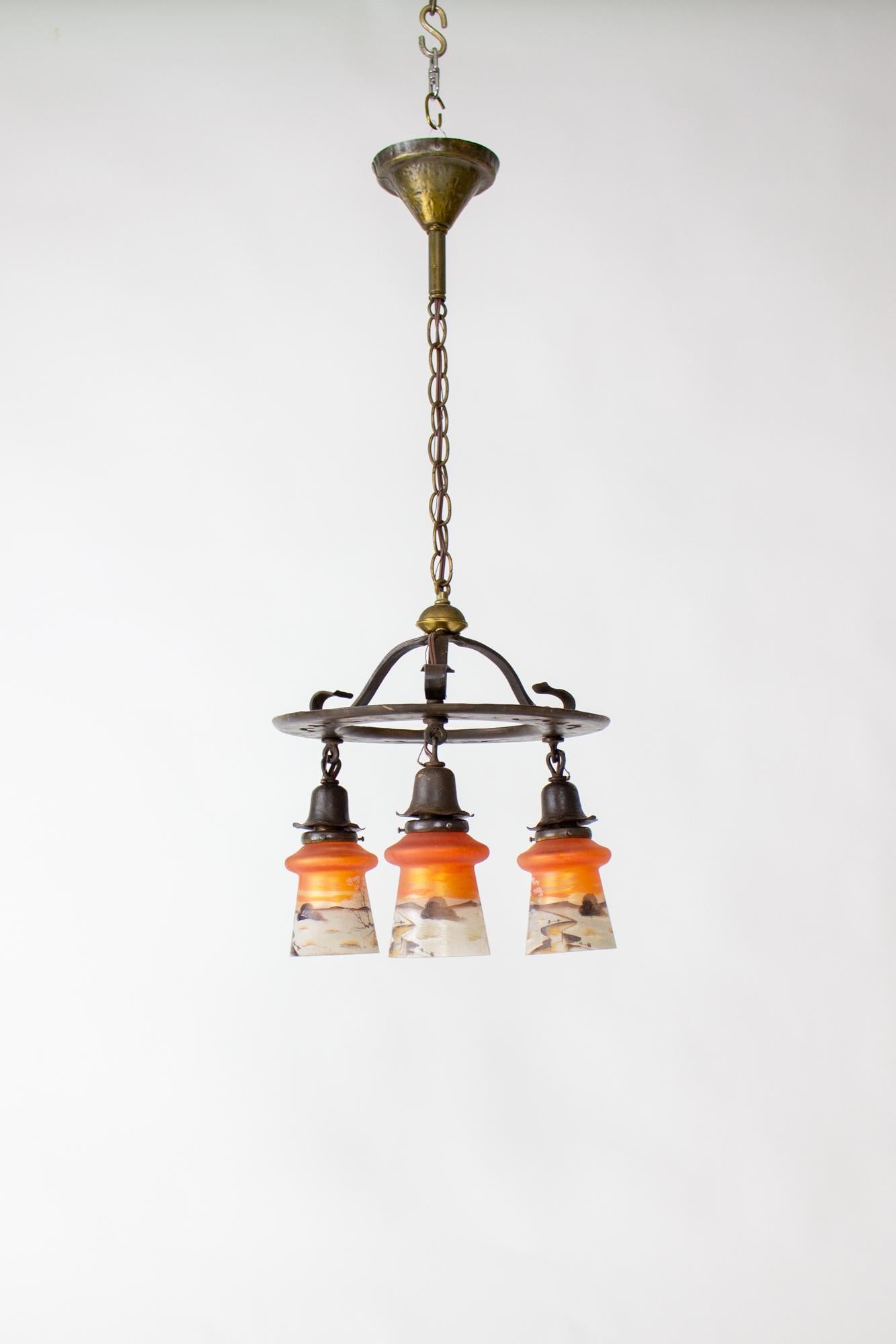 American Early 20th Century Arts and Crafts Chandelier with Orange Painted Glass For Sale
